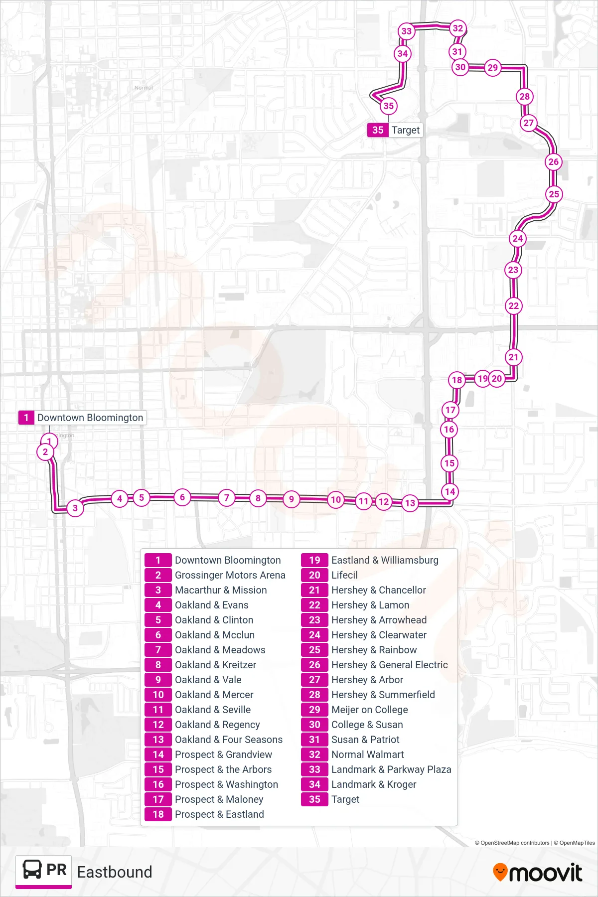 PR bus Line (Eastbound) route and stops on a map