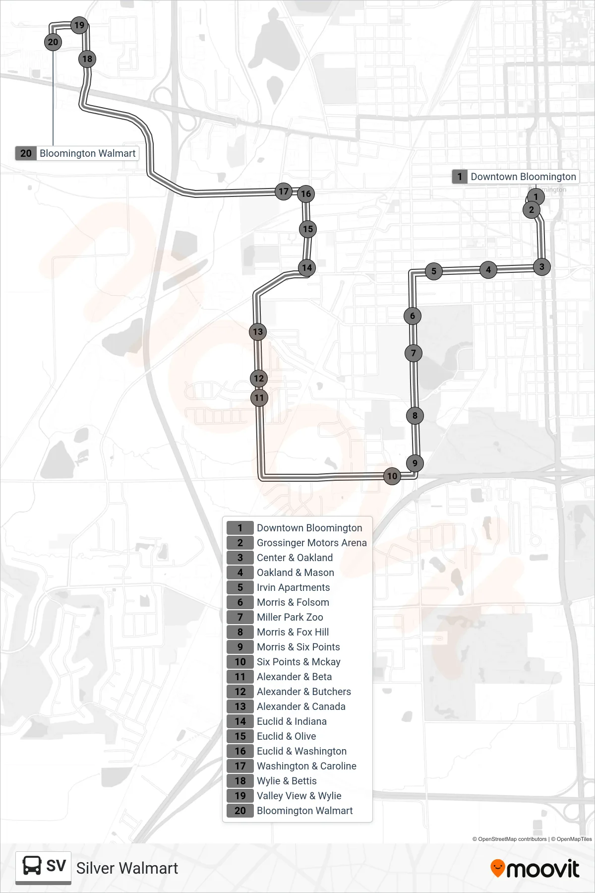 SV bus Line (Silver Walmart) route and stops on a map