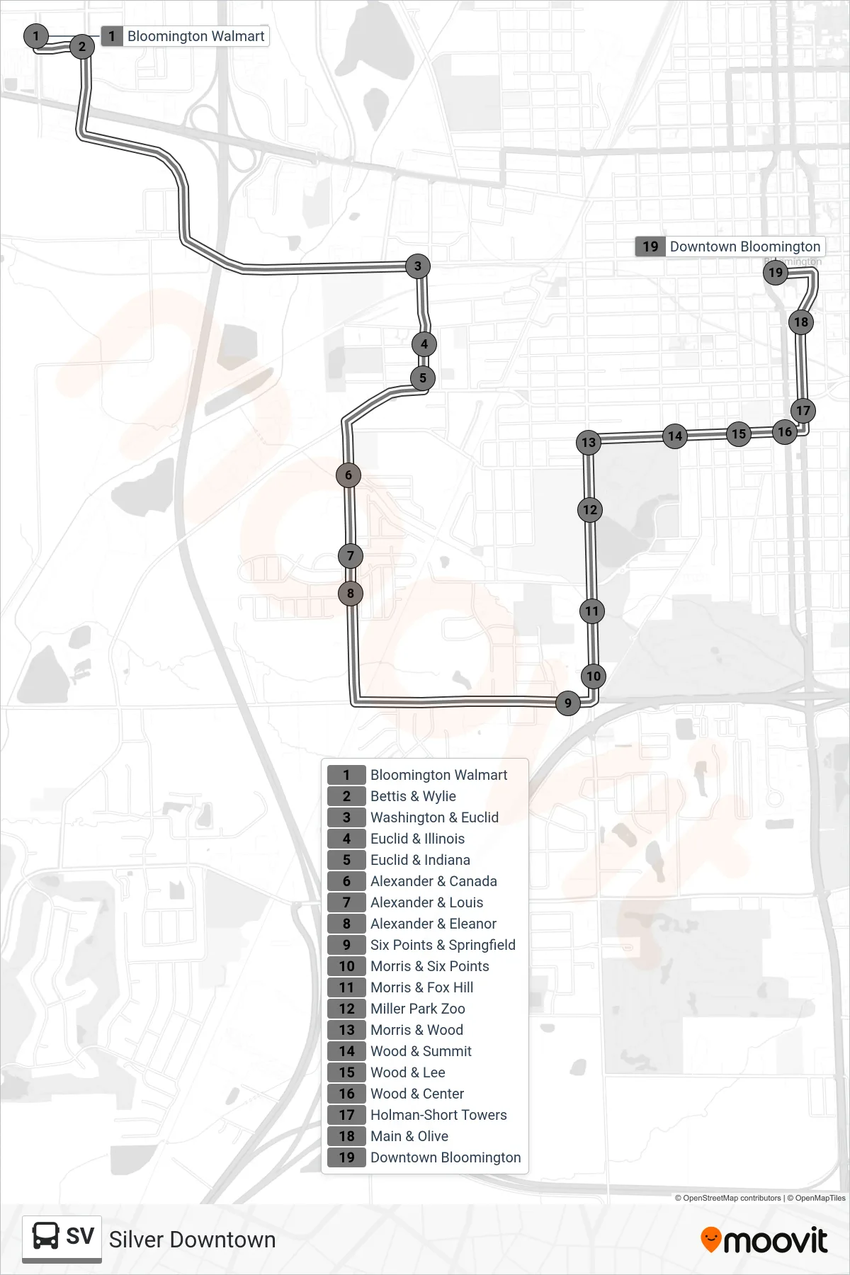 SV bus Line (Silver Downtown) route and stops on a map