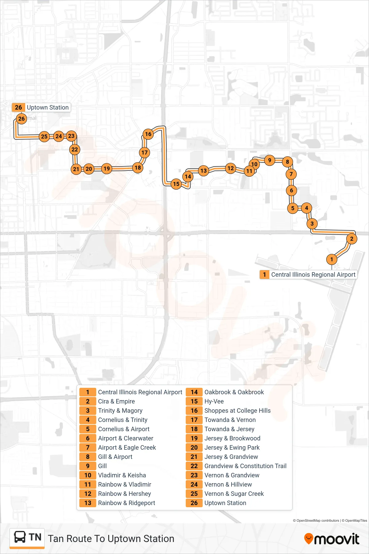 TN bus Line (Tan Route To Uptown Station) route and stops on a map
