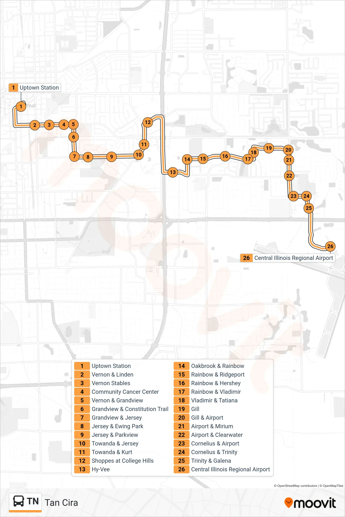 TN bus Line (Tan Cira) route and stops on a map
