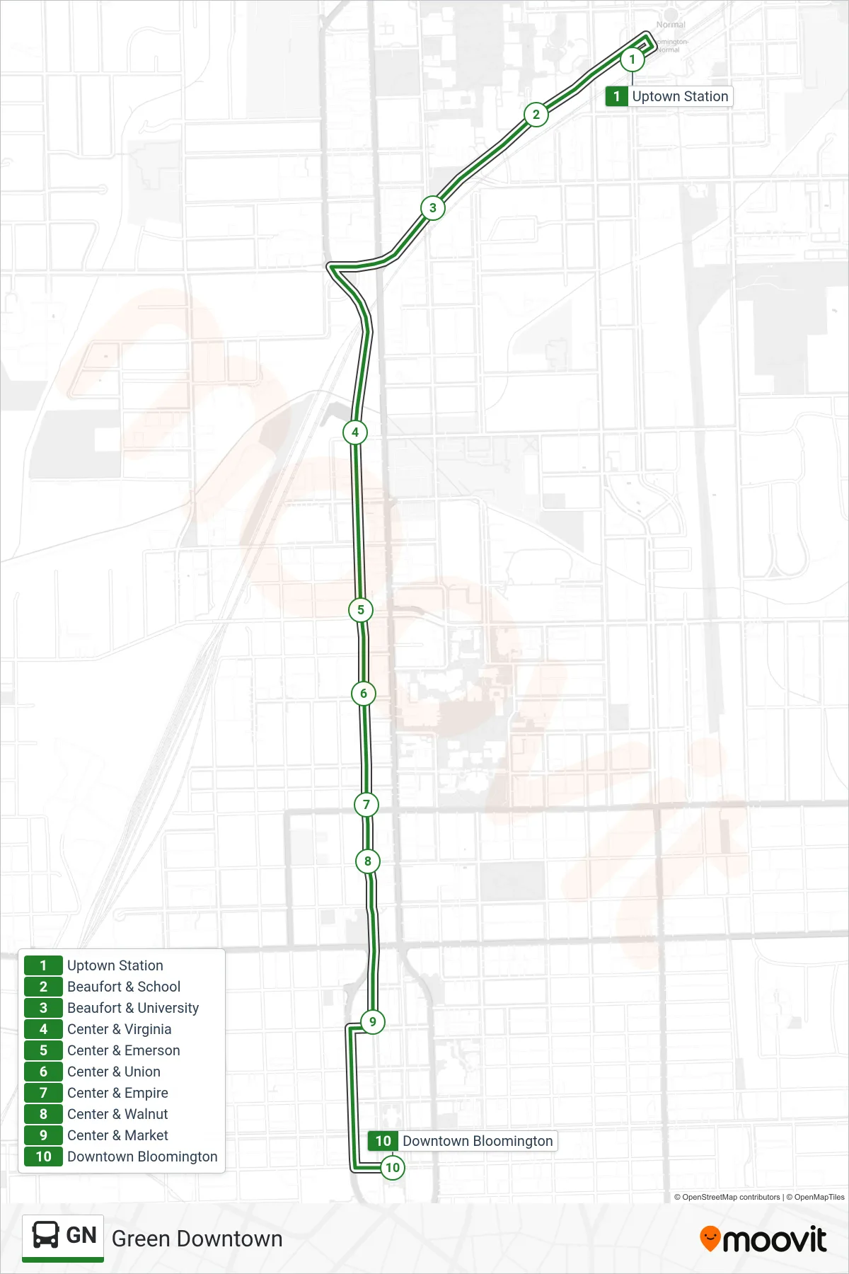 GN bus Line (Green Downtown) route and stops on a map