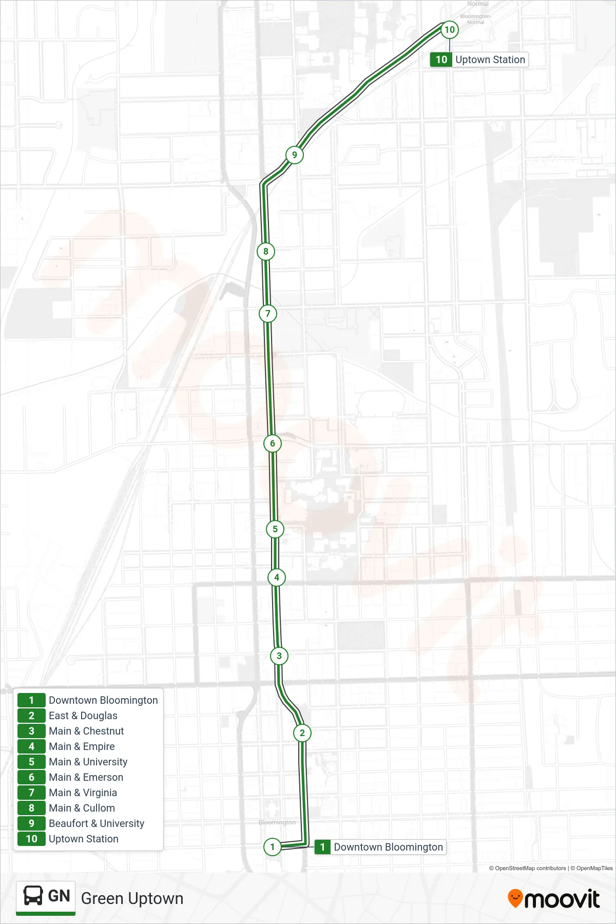 GN bus Line (Green Uptown) route and stops on a map