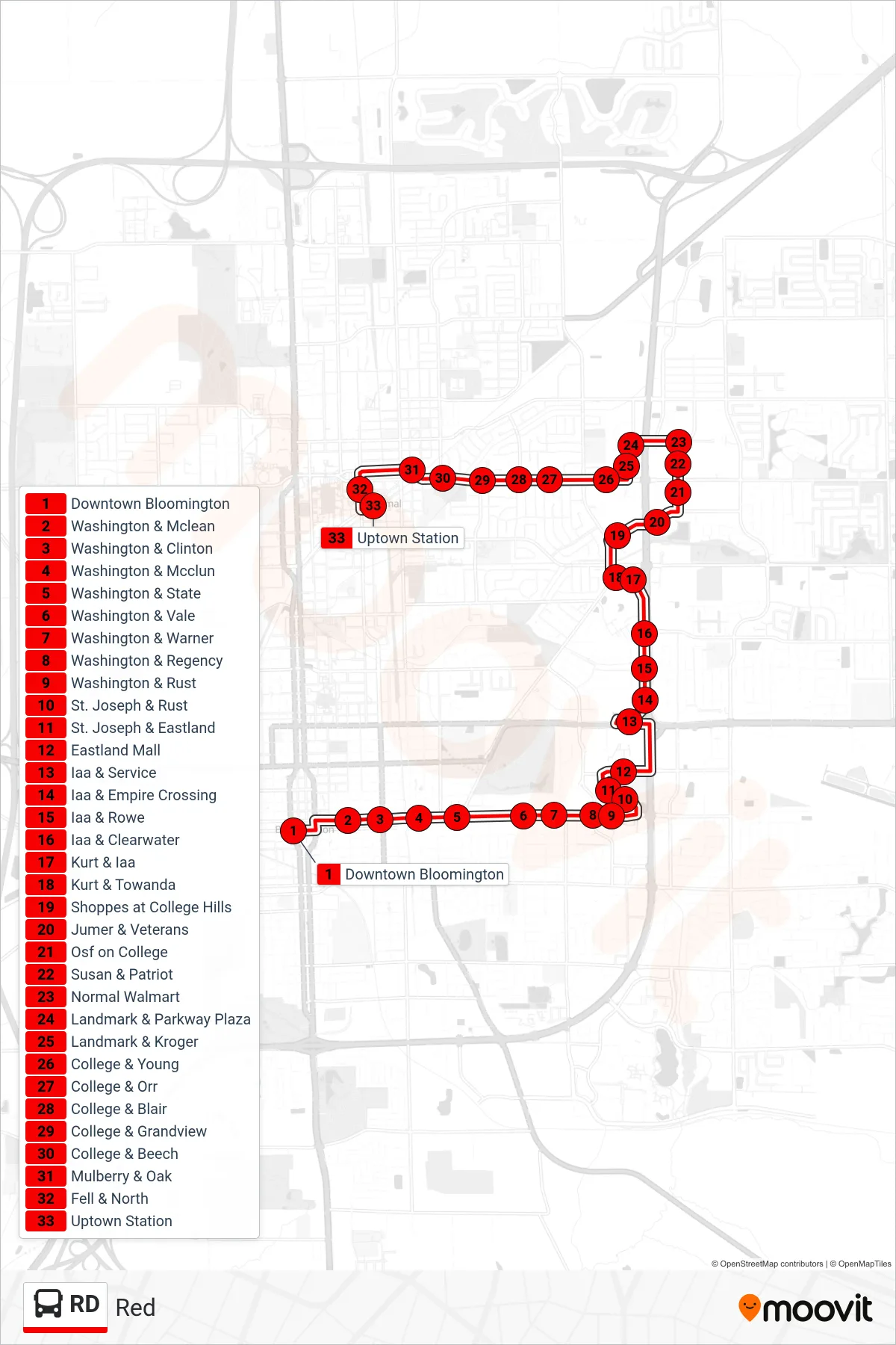 RD bus Line (Northbound) route and stops on a map