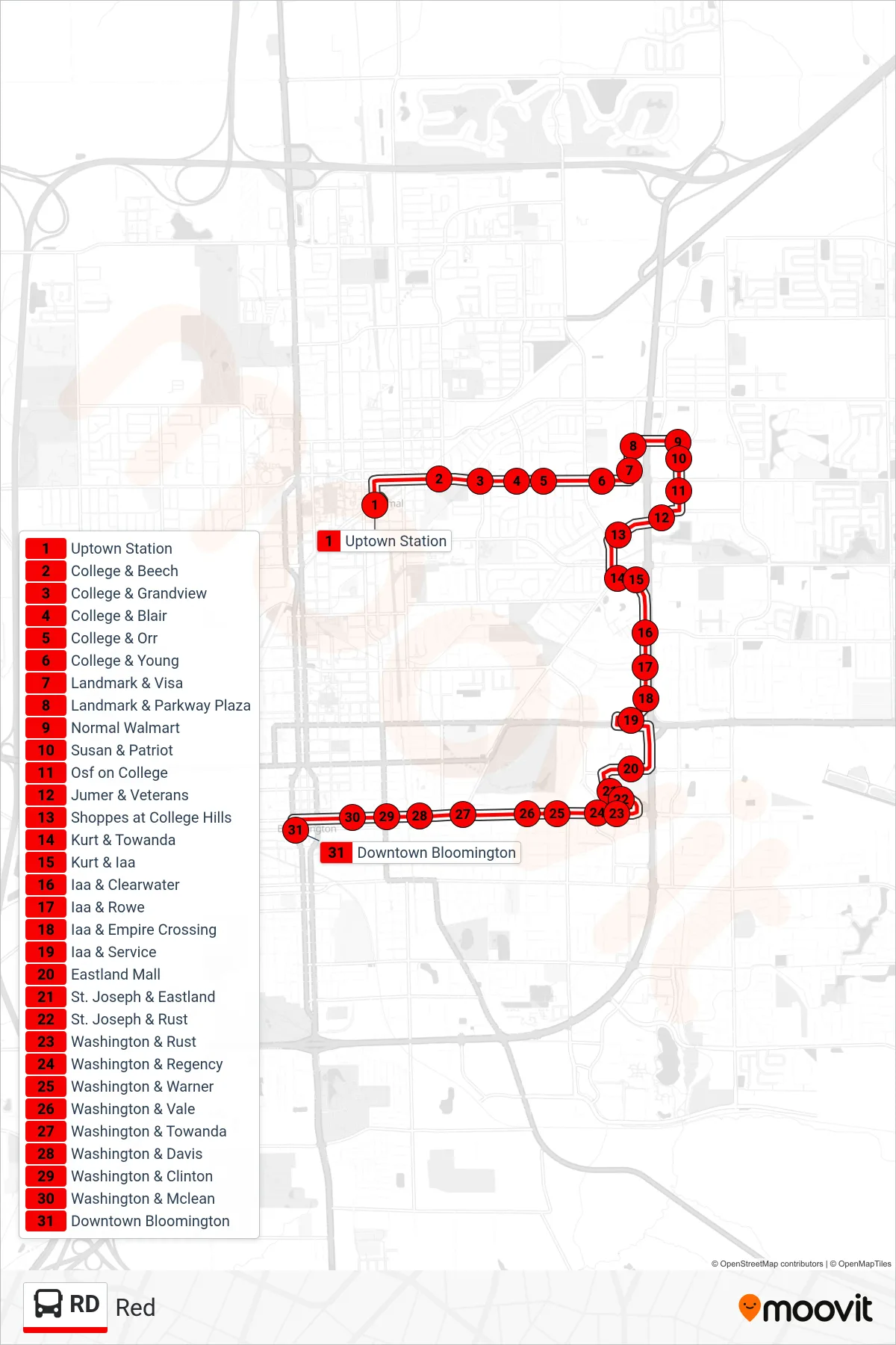 RD bus Line (Southbound) route and stops on a map