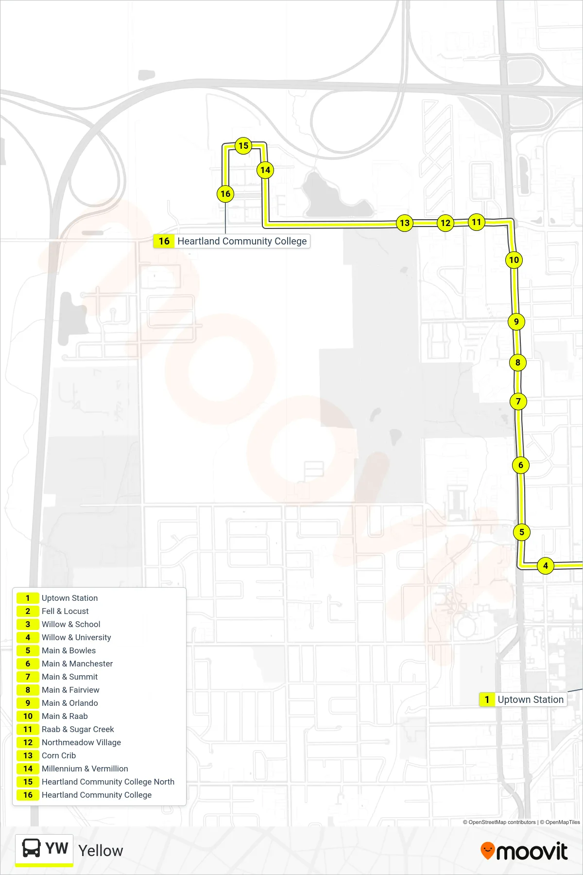 YW bus Line (Yellow Hcc) route and stops on a map