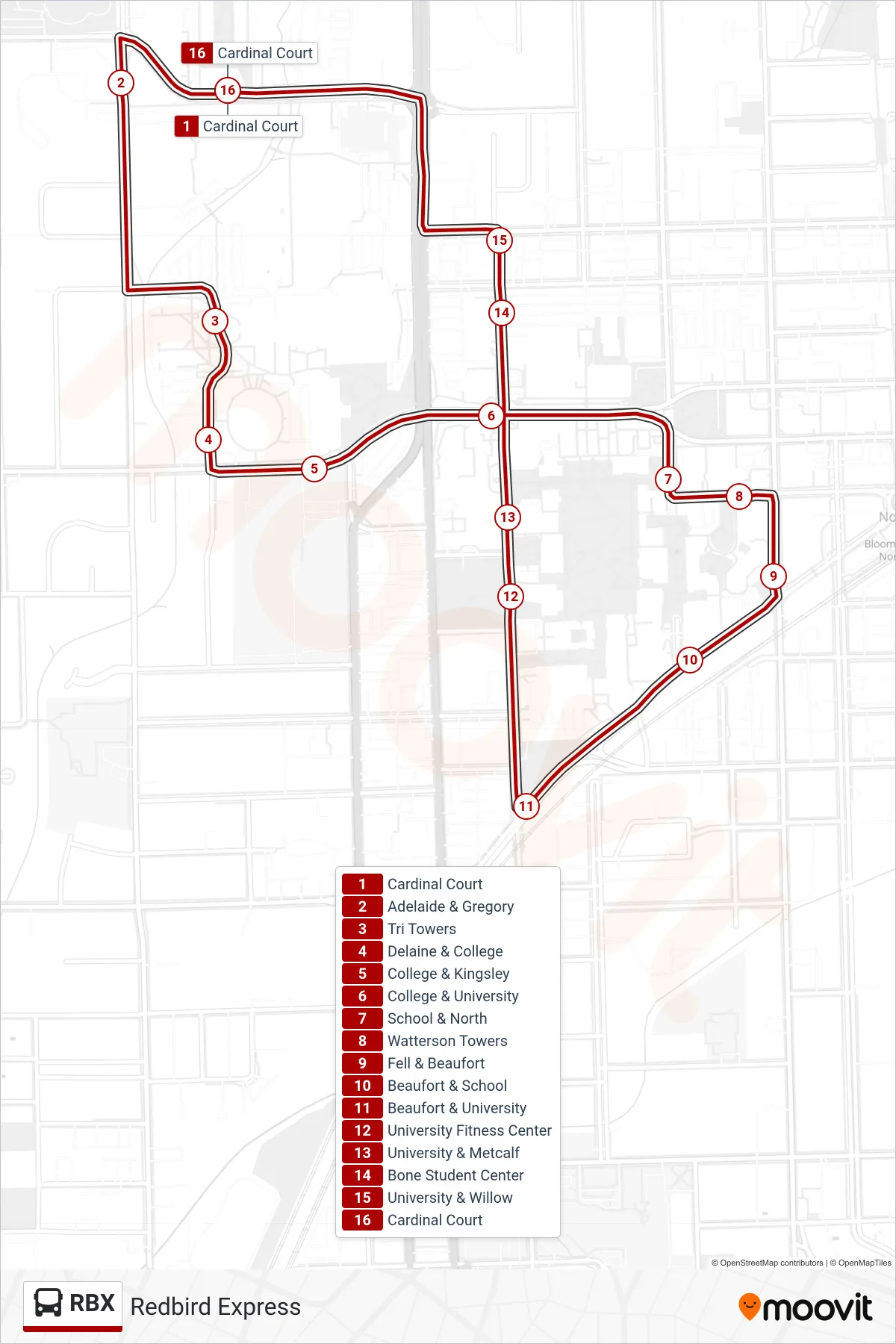 RBX bus Line (1600s Only) route and stops on a map