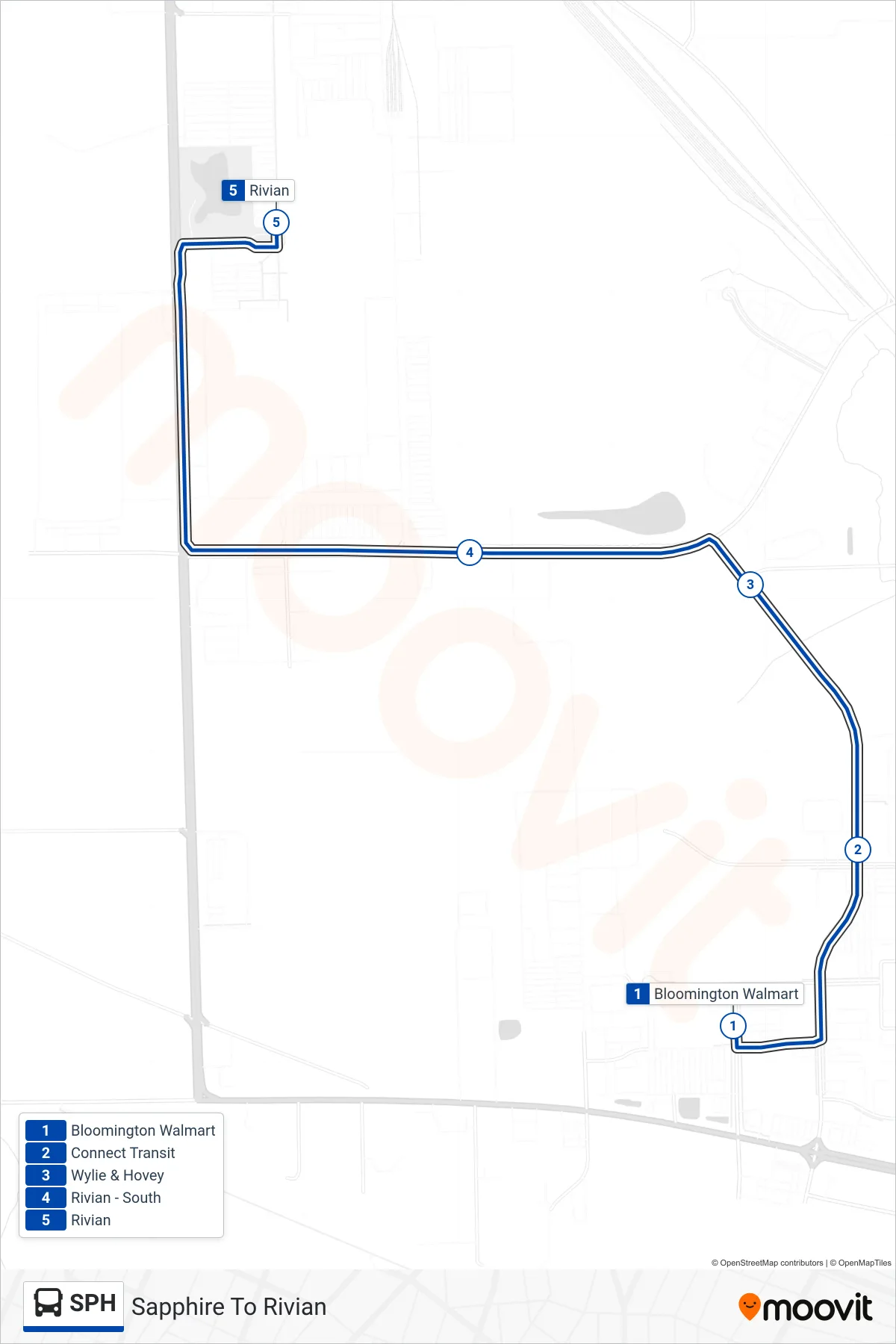 SPH bus Line (Sapphire To Rivian) route and stops on a map