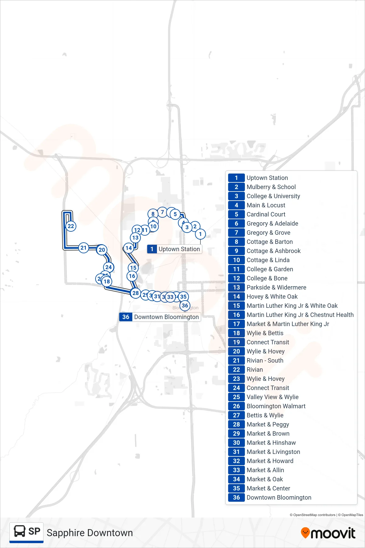 SP bus Line (Sapphire Downtown) route and stops on a map