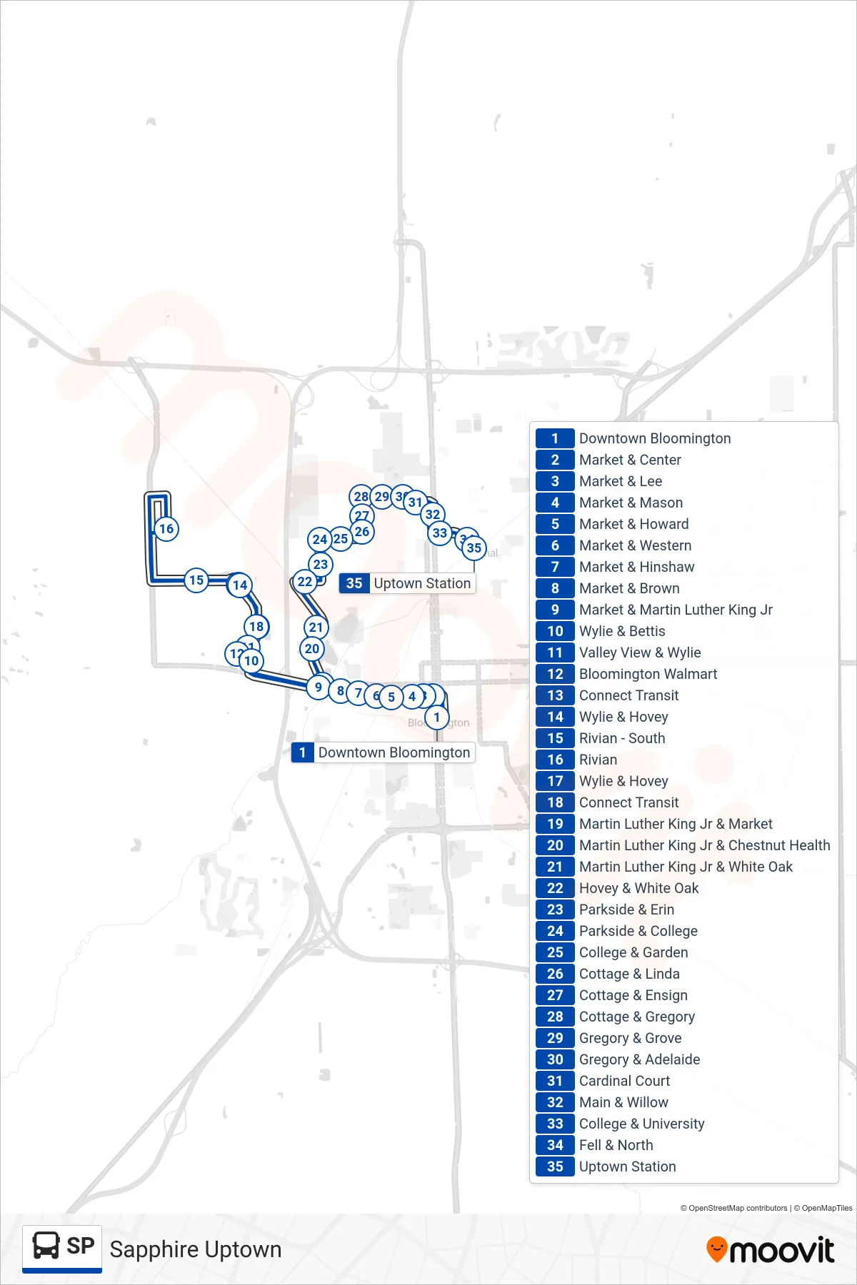 SP bus Line (Sapphire Uptown) route and stops on a map