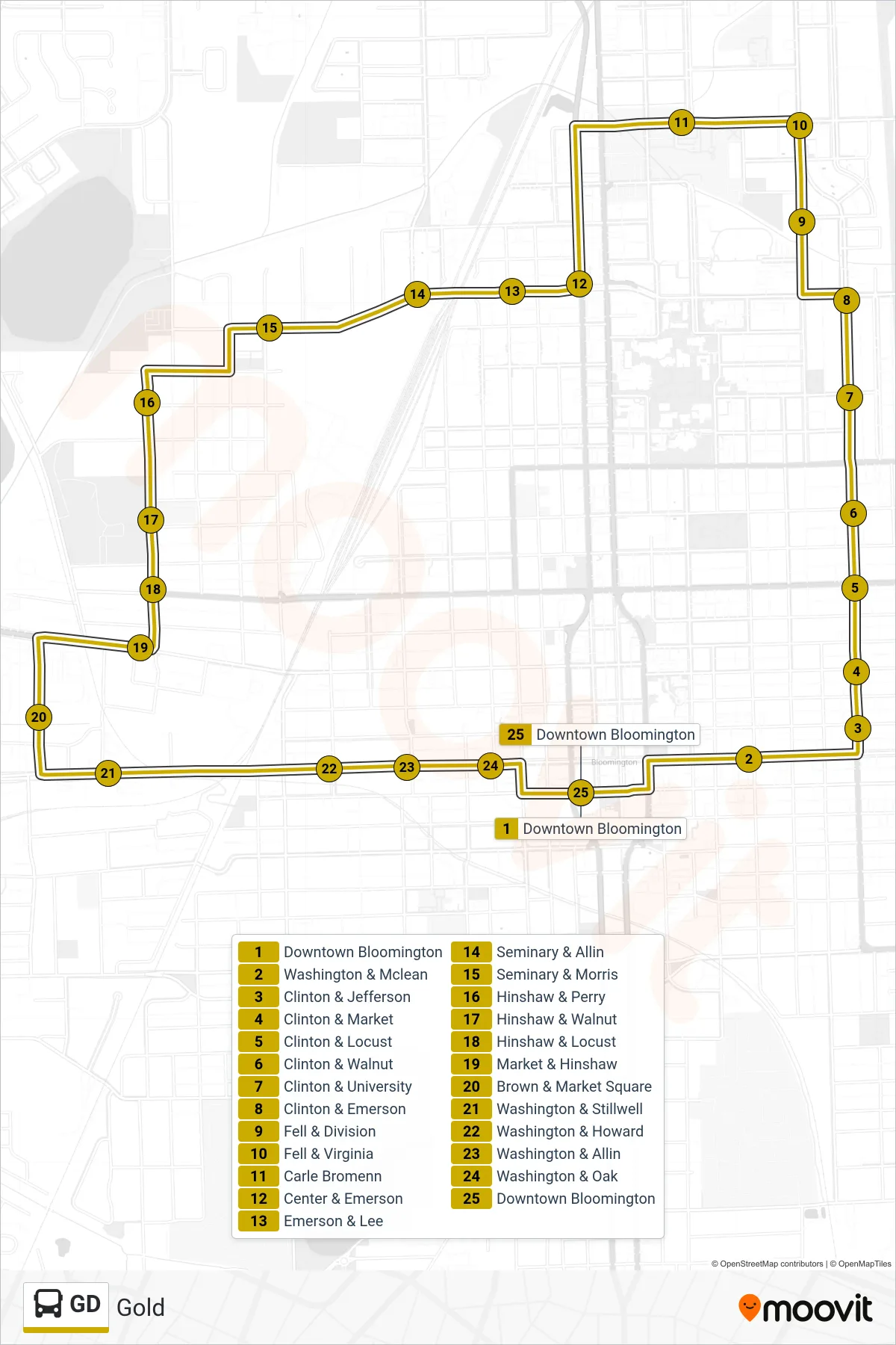 GD bus Line (Eastbound/Counterclockwise) route and stops on a map