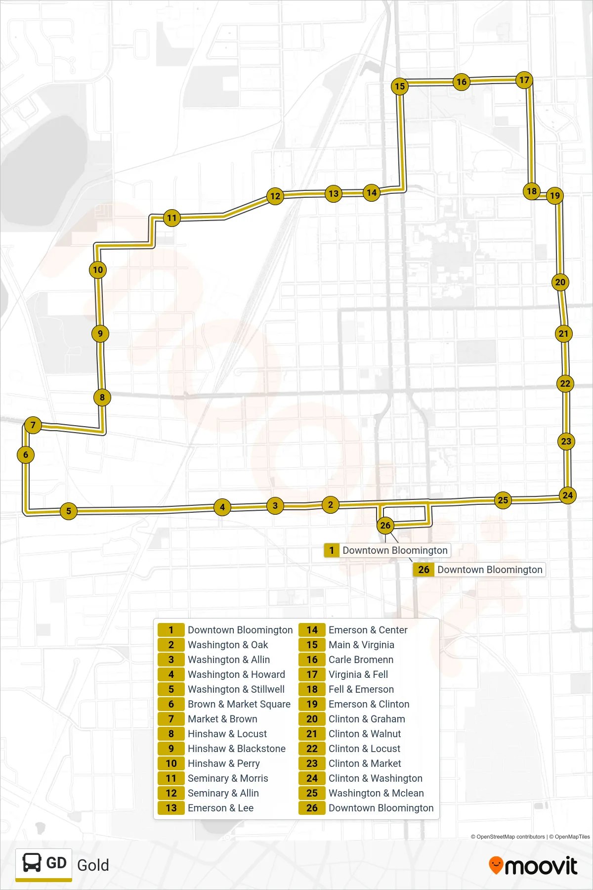 GD bus Line (Westbound/Clockwise) route and stops on a map