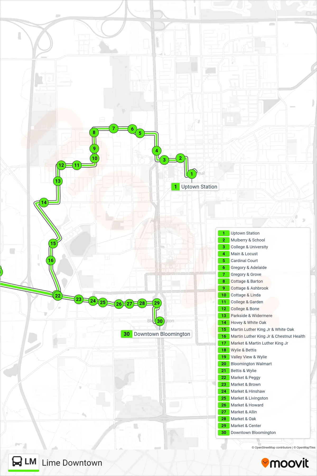 LM bus Line (Lime Downtown) route and stops on a map