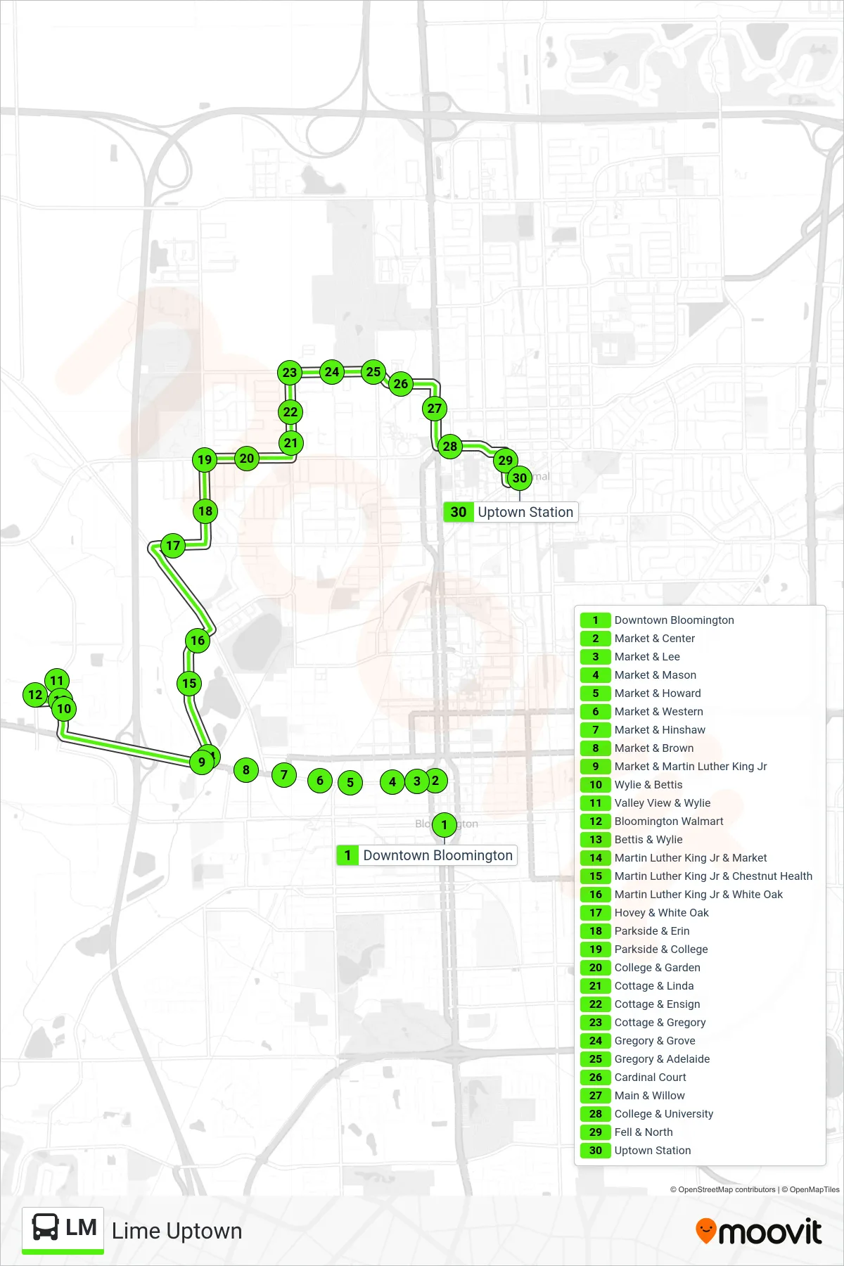 LM bus Line (Lime Uptown) route and stops on a map