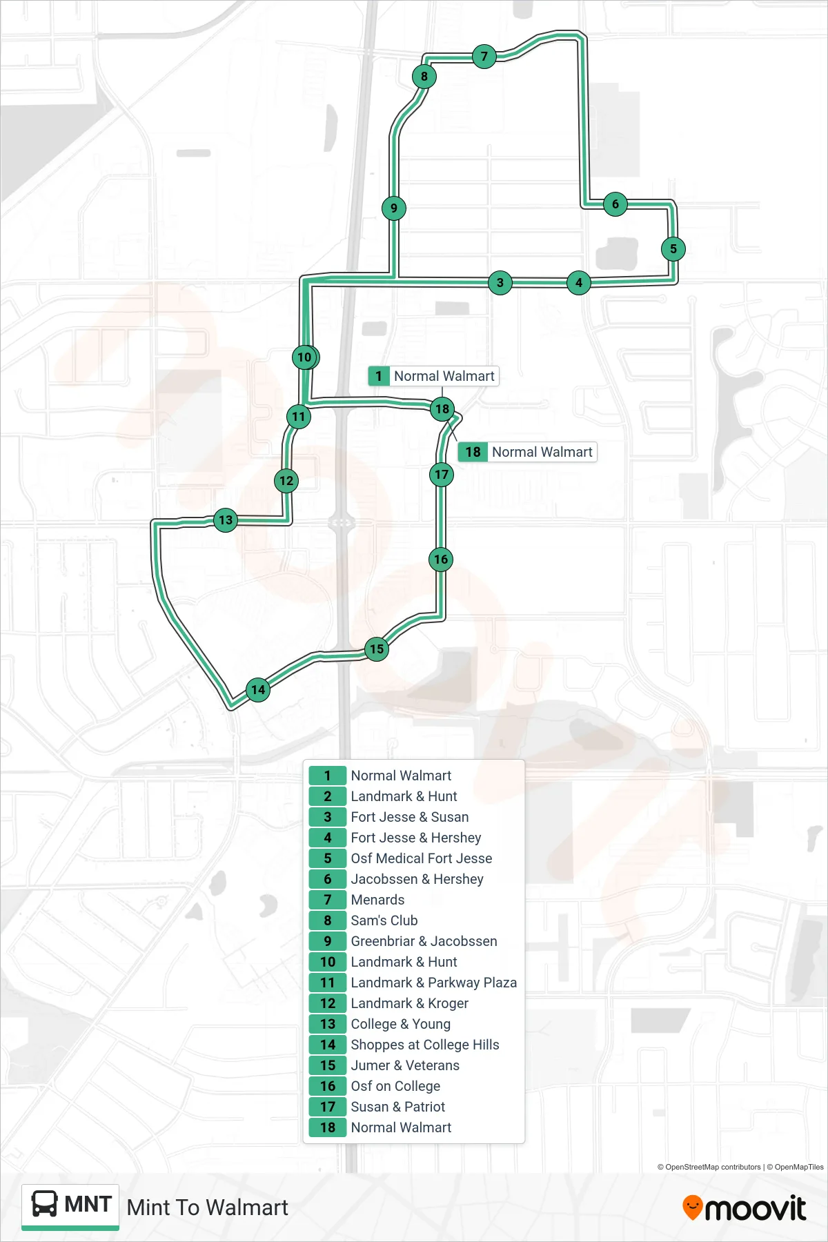 MNT bus Line (Mint To Walmart) route and stops on a map