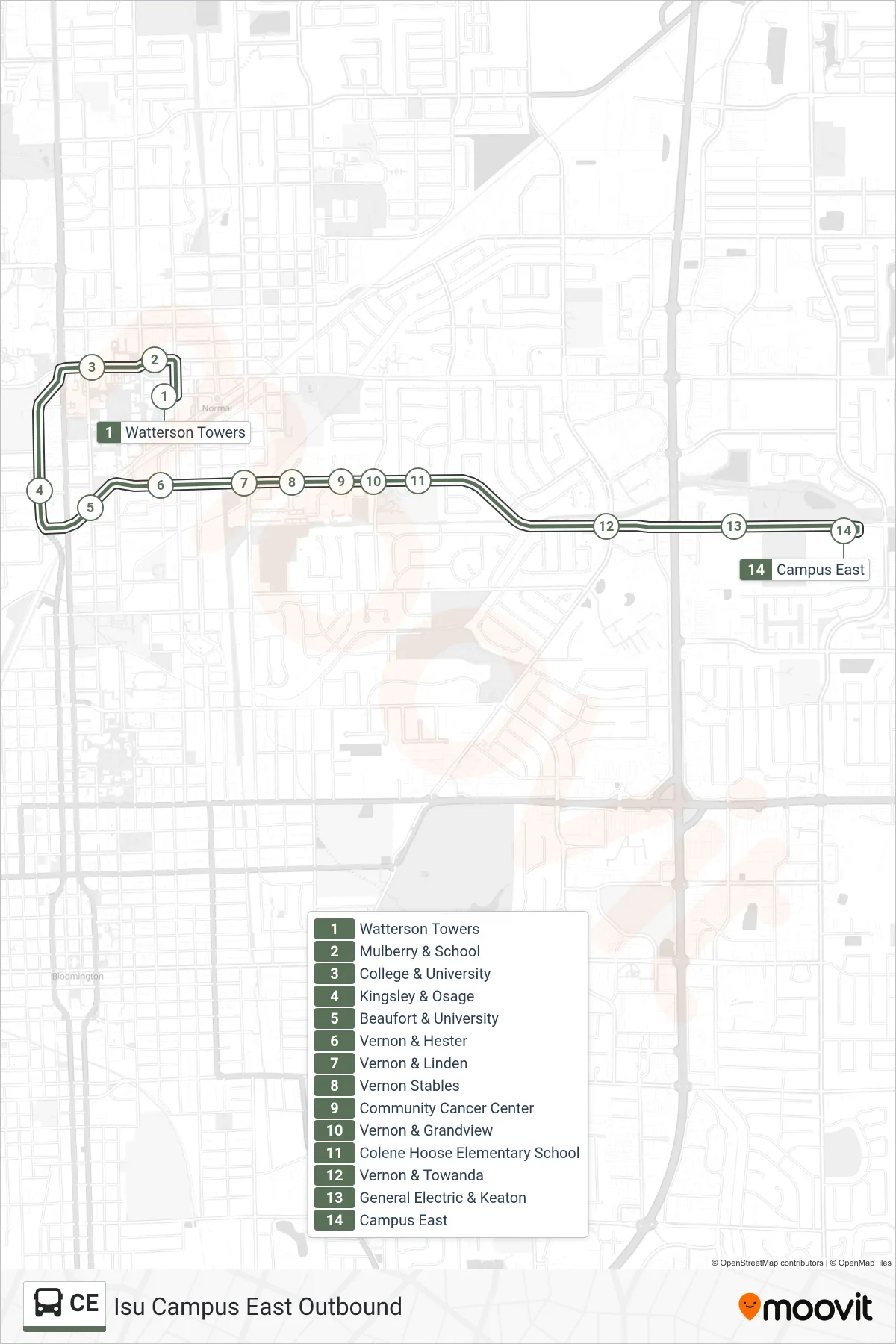 CE bus Line (Isu Campus East Outbound) route and stops on a map