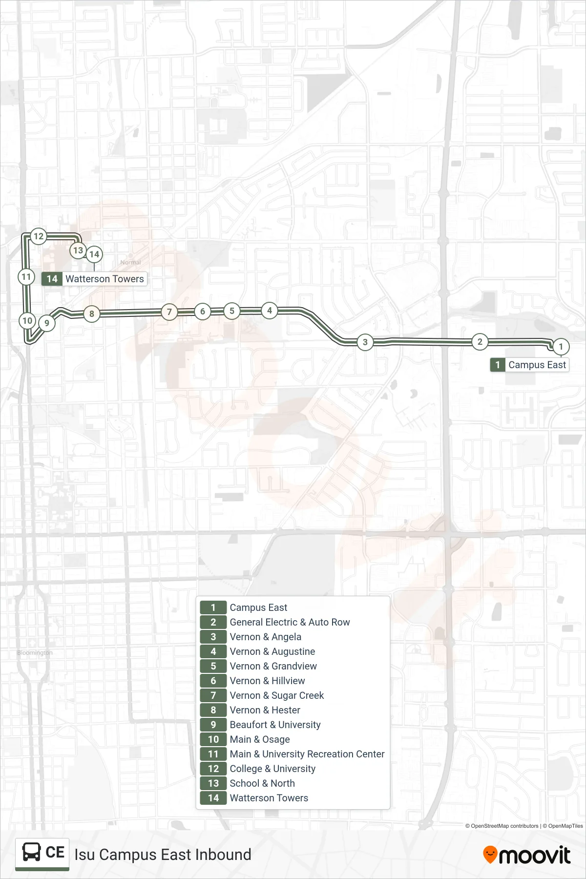 CE bus Line (Isu Campus East Inbound) route and stops on a map