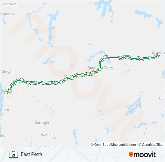 EAST PERTH STN TRANSWA EAST PERTH - KALGOORLIE STN TRANSWA KALGOORLIE train Line Map