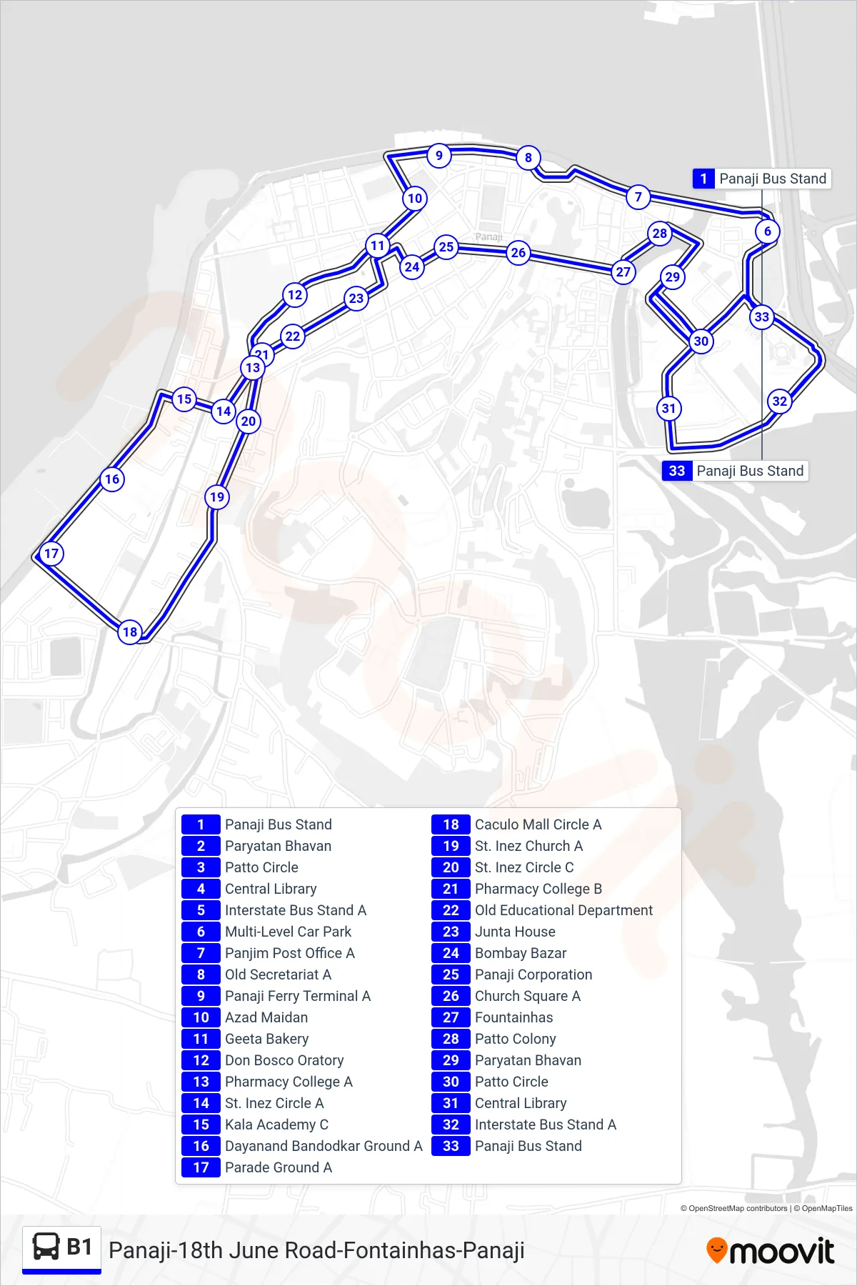 B1 bus Line (Panaji-18th June Road-Fontainhas-Panaji) route and stops on a map