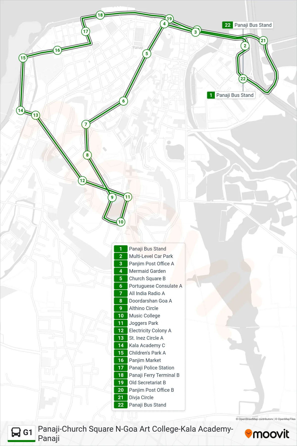 G1 bus Line (Panaji-Church Square N-Goa Art College-Kala Academy-Panaji) route and stops on a map