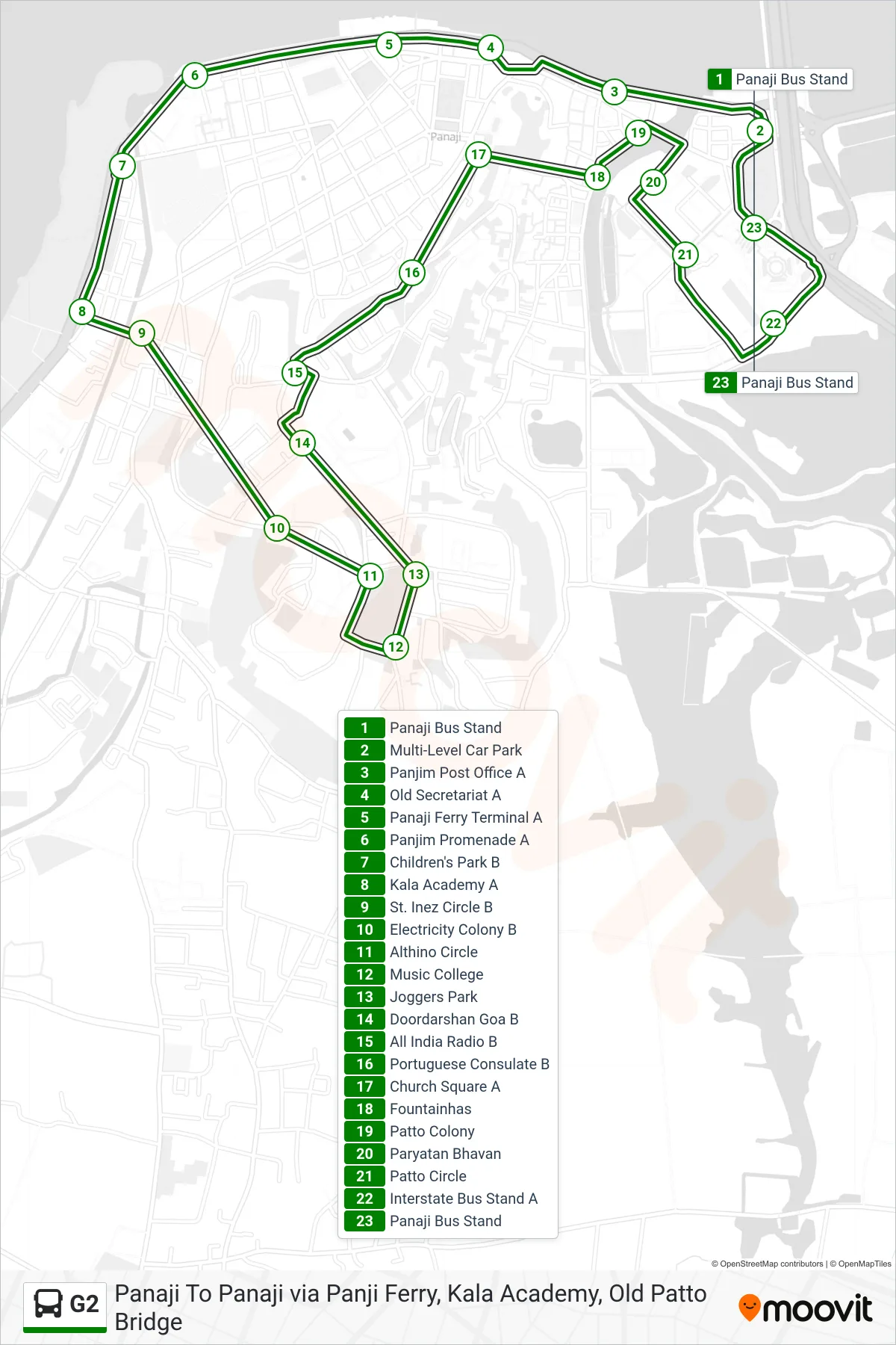 G2 bus Line (Panaji-Kala Academy-Goa Art College-Church Square N-Panaji) route and stops on a map