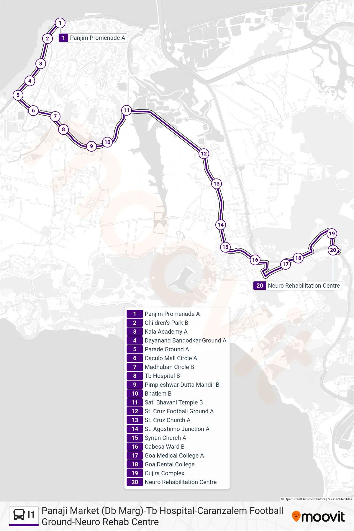 I1 bus Line (Panaji Market (Db Marg)-Tb Hospital-Caranzalem Football Ground-Neuro Rehab Centre) route and stops on a map