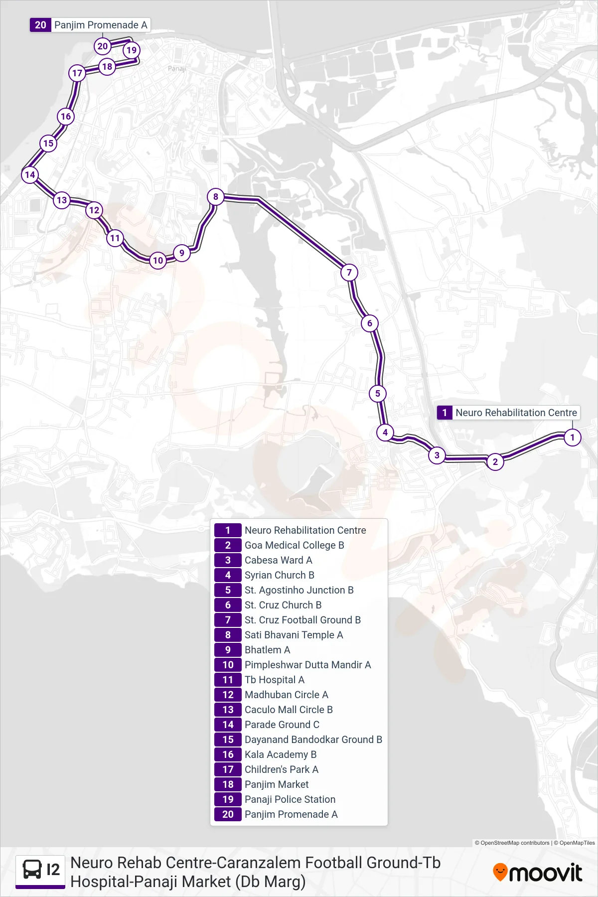I2 bus Line (Neuro Rehab Centre-Caranzalem Football Ground-Tb Hospital-Panaji Market (Db Marg)) route and stops on a map
