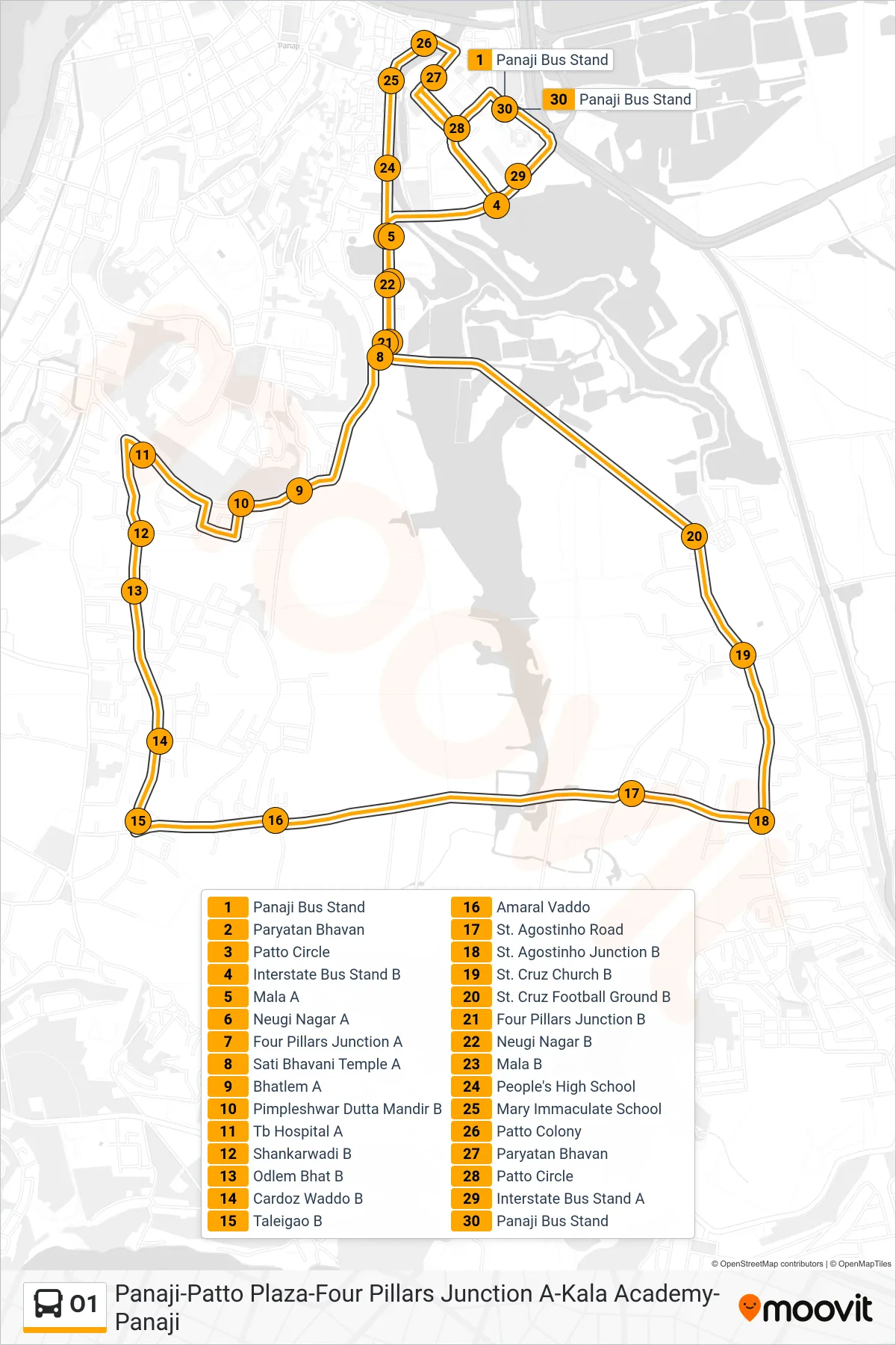 O1 bus Line (Panaji-Patto Plaza-Four Pillars Junction A-Kala Academy-Panaji) route and stops on a map