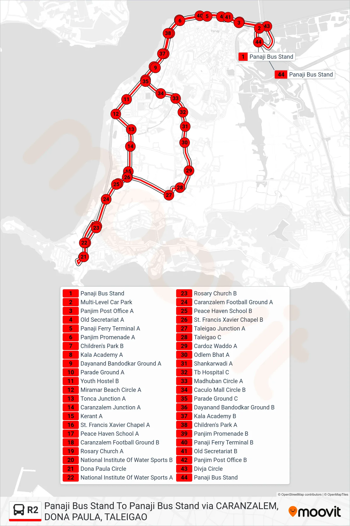 R2 bus Line (Panaji-Dona Paula Circle-Taleigao Church-Panaji) route and stops on a map