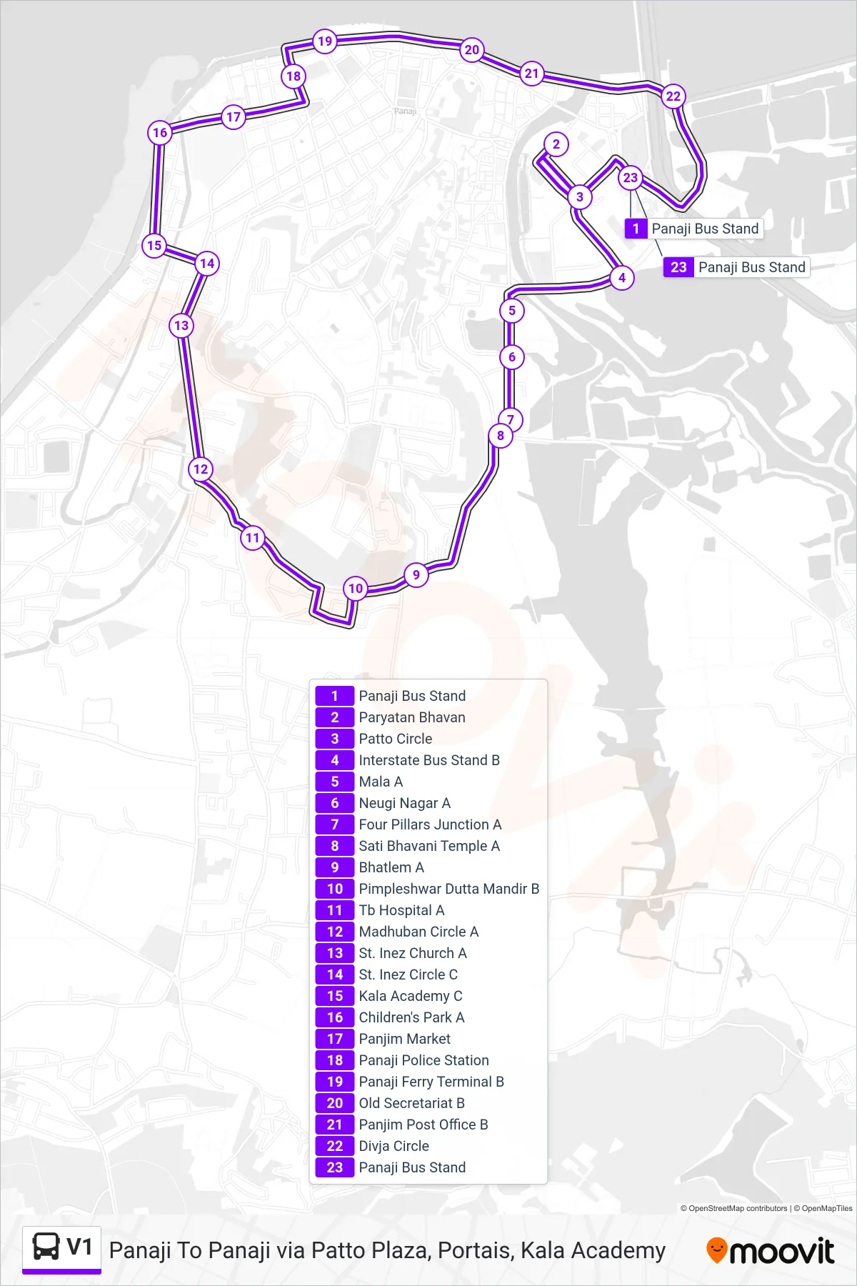 V1 bus Line (Panaji-Bhatlem Masjid-St. Inez Junction N-Panaji) route and stops on a map