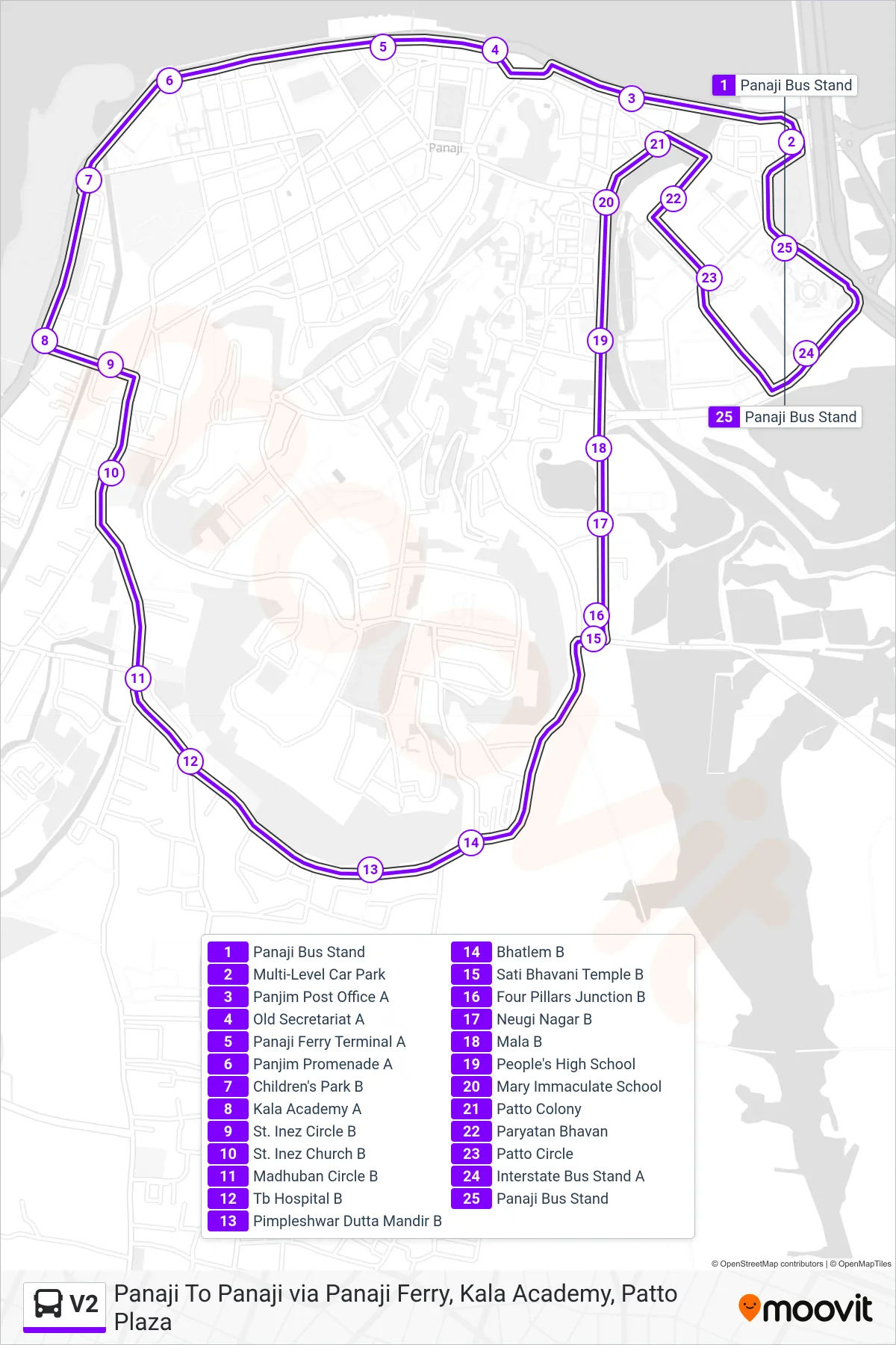 V2 bus Line (Panaji-St. Inez Junction N-Bhatlem Masjid-Panaji) route and stops on a map