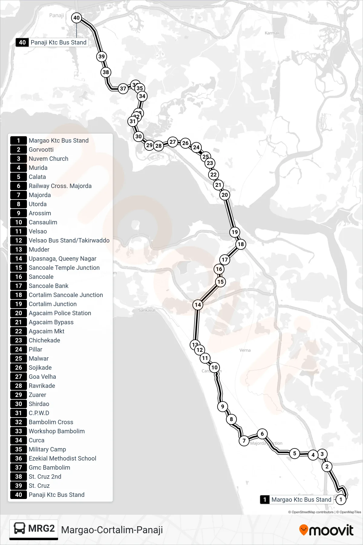MRG2 bus Line (Margao-Cortalim-Panaji) route and stops on a map