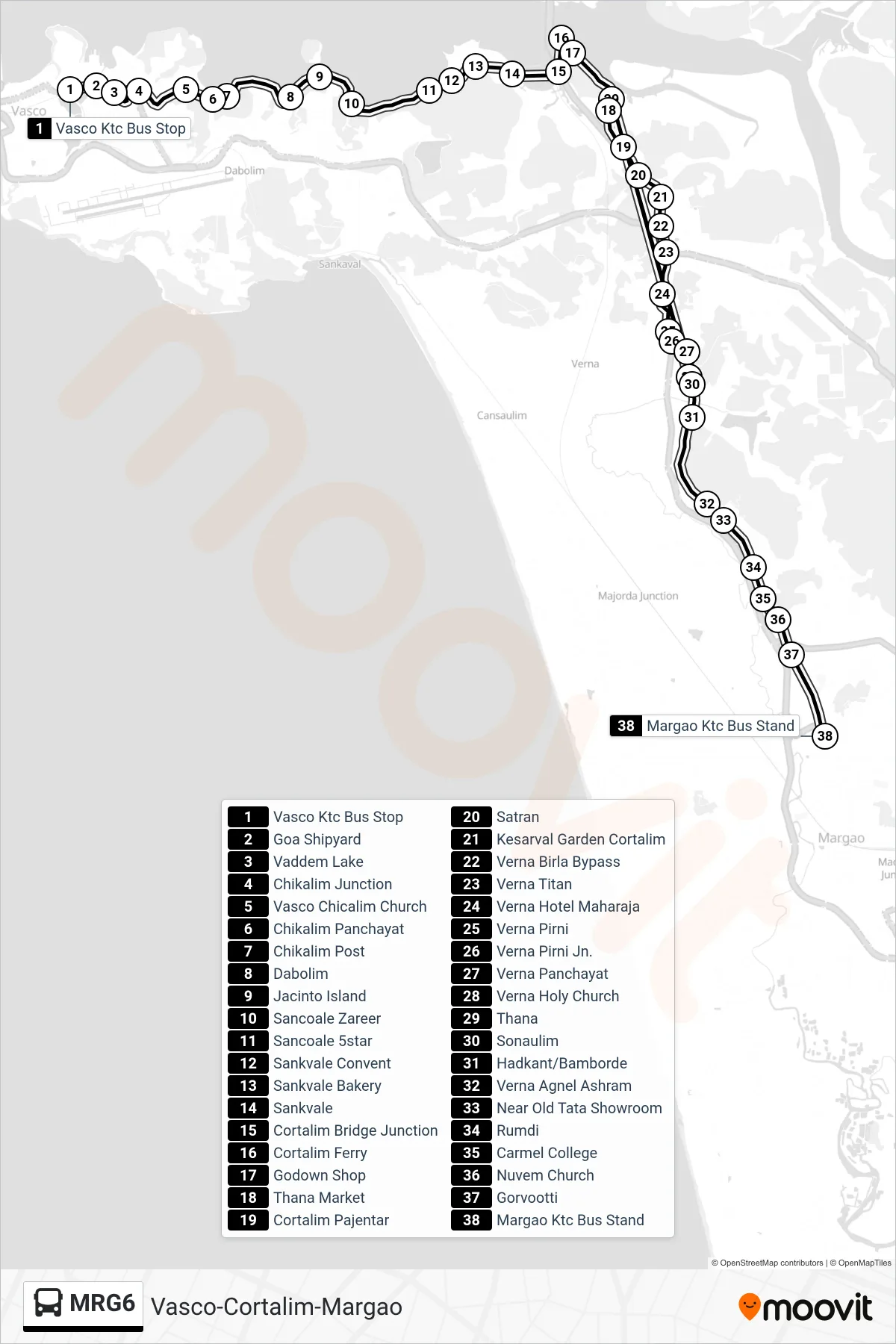 MRG6 bus Line (Vasco-Cortalim-Margao) route and stops on a map