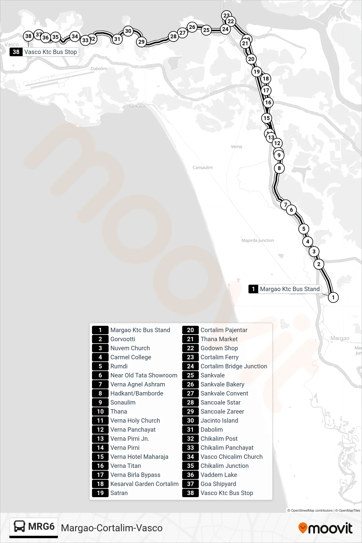 MRG6 bus Line (Margao-Cortalim-Vasco) route and stops on a map