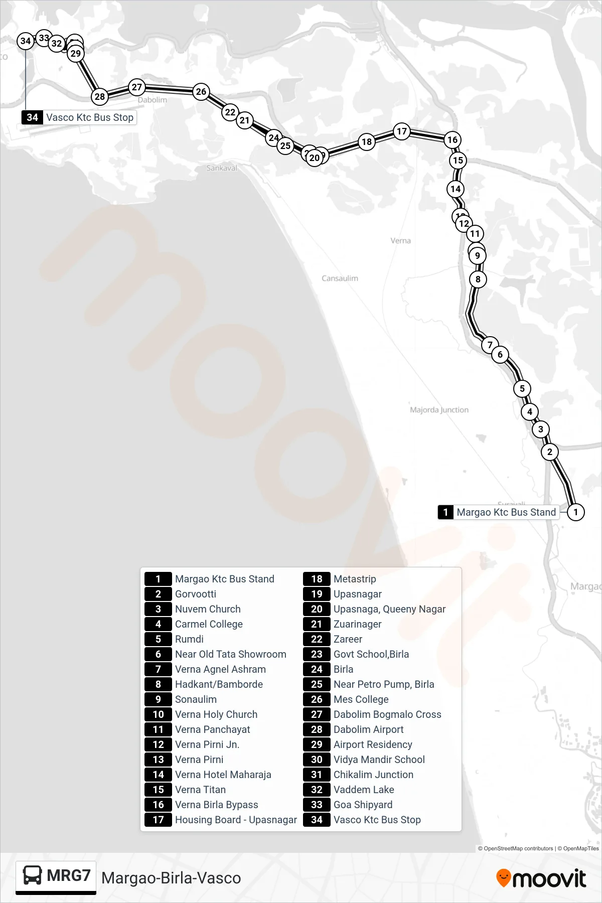 MRG7 bus Line (Margao-Birla-Vasco) route and stops on a map