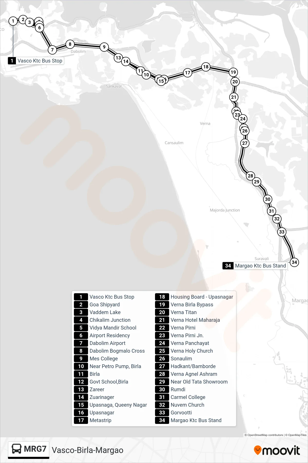MRG7 bus Line (Vasco-Birla-Margao) route and stops on a map