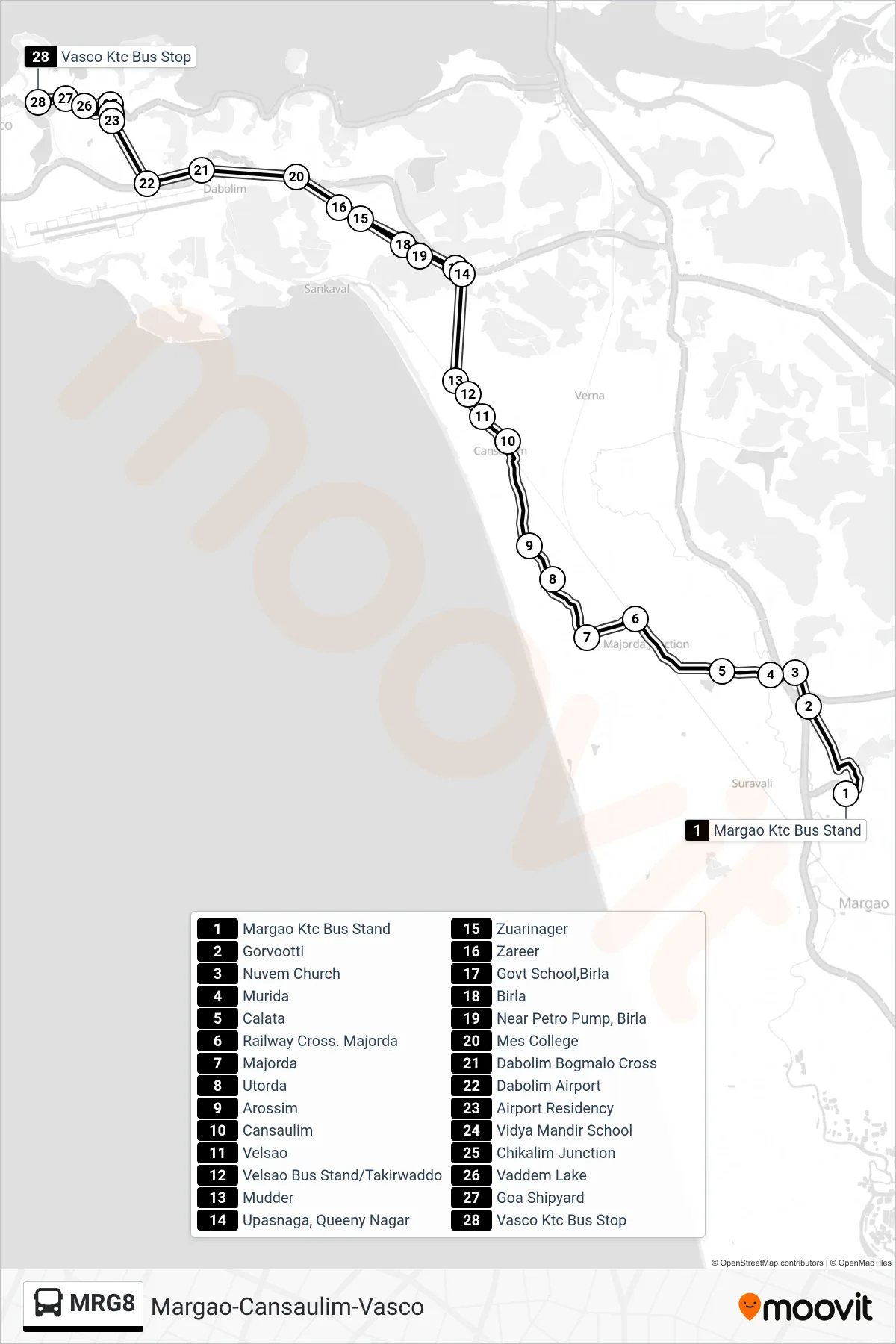 MRG8 bus Line (Margao-Cansaulim-Vasco) route and stops on a map