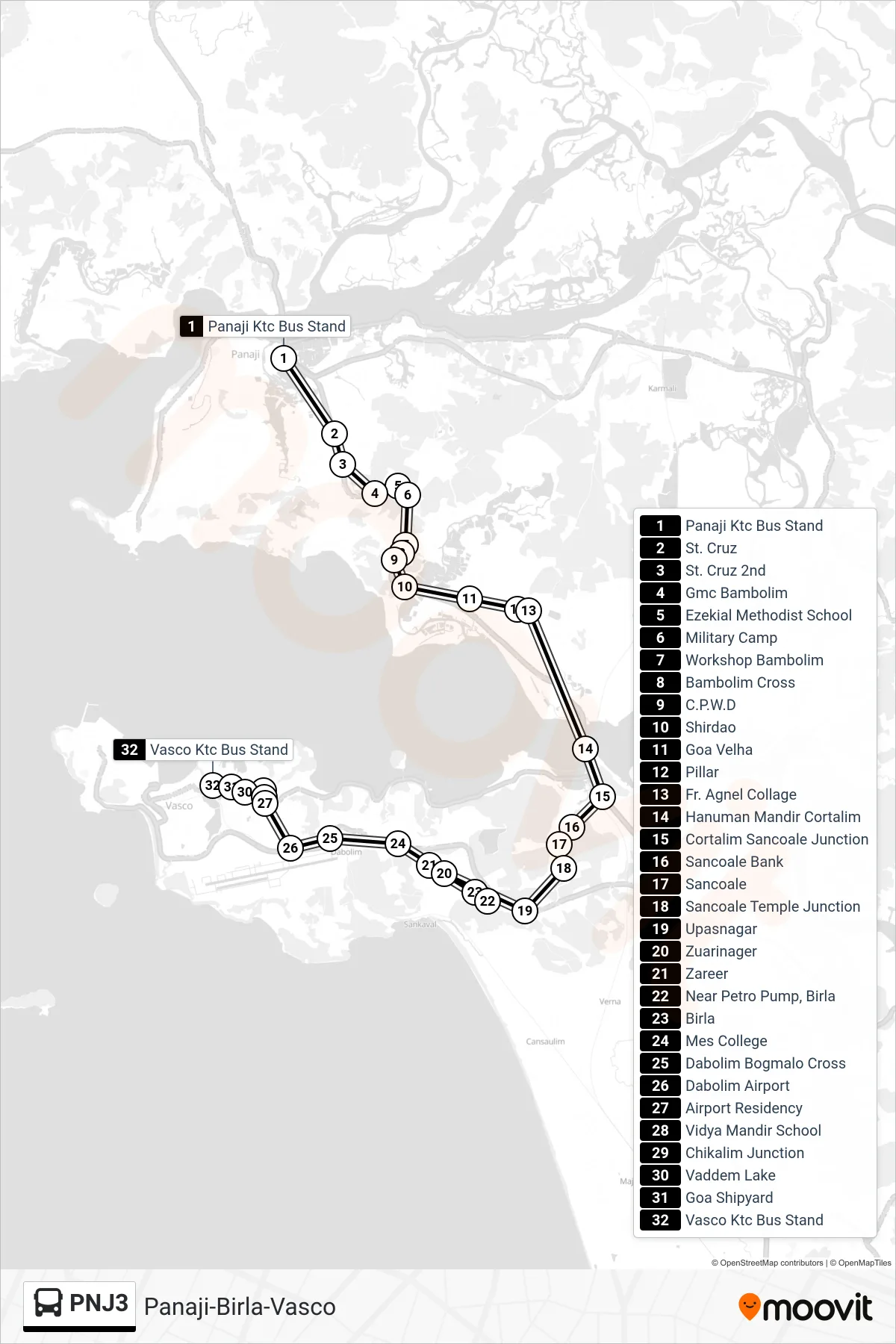 PNJ3 bus Line (Panaji-Birla-Vasco) route and stops on a map