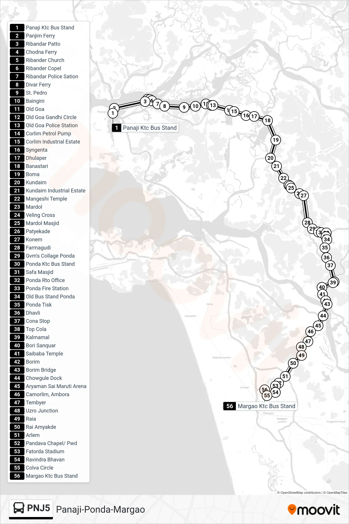 PNJ5 bus Line (Panaji-Ponda-Margao) route and stops on a map
