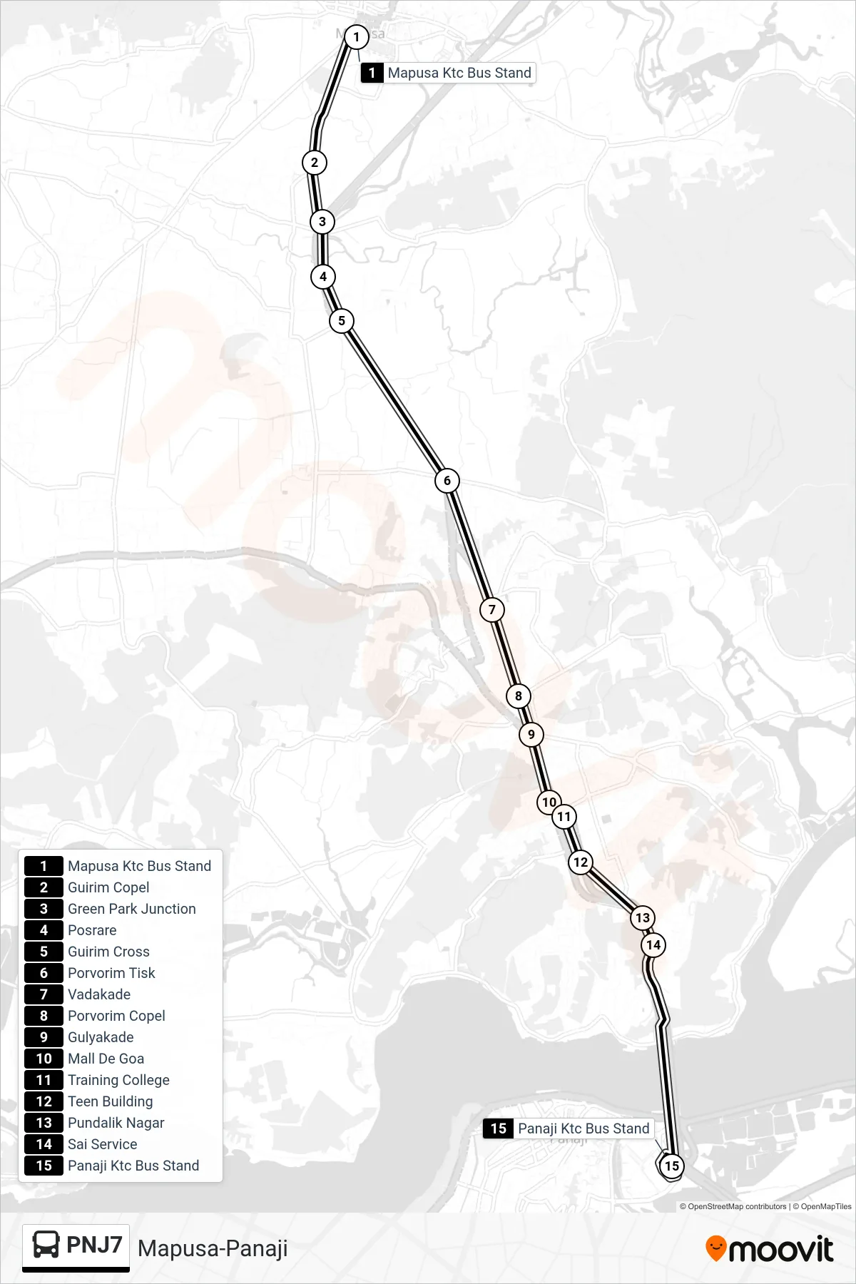 PNJ7 bus Line (Mapusa-Panaji) route and stops on a map