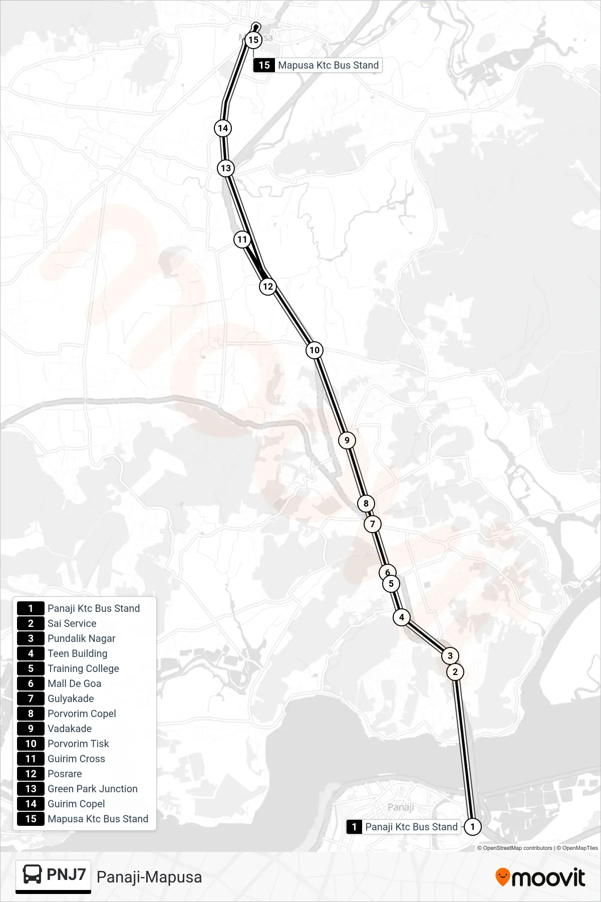 PNJ7 bus Line (Panaji-Mapusa) route and stops on a map