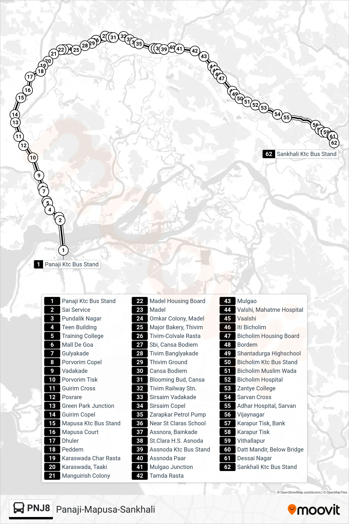 PNJ8 bus Line (Panaji-Mapusa-Sankhali) route and stops on a map