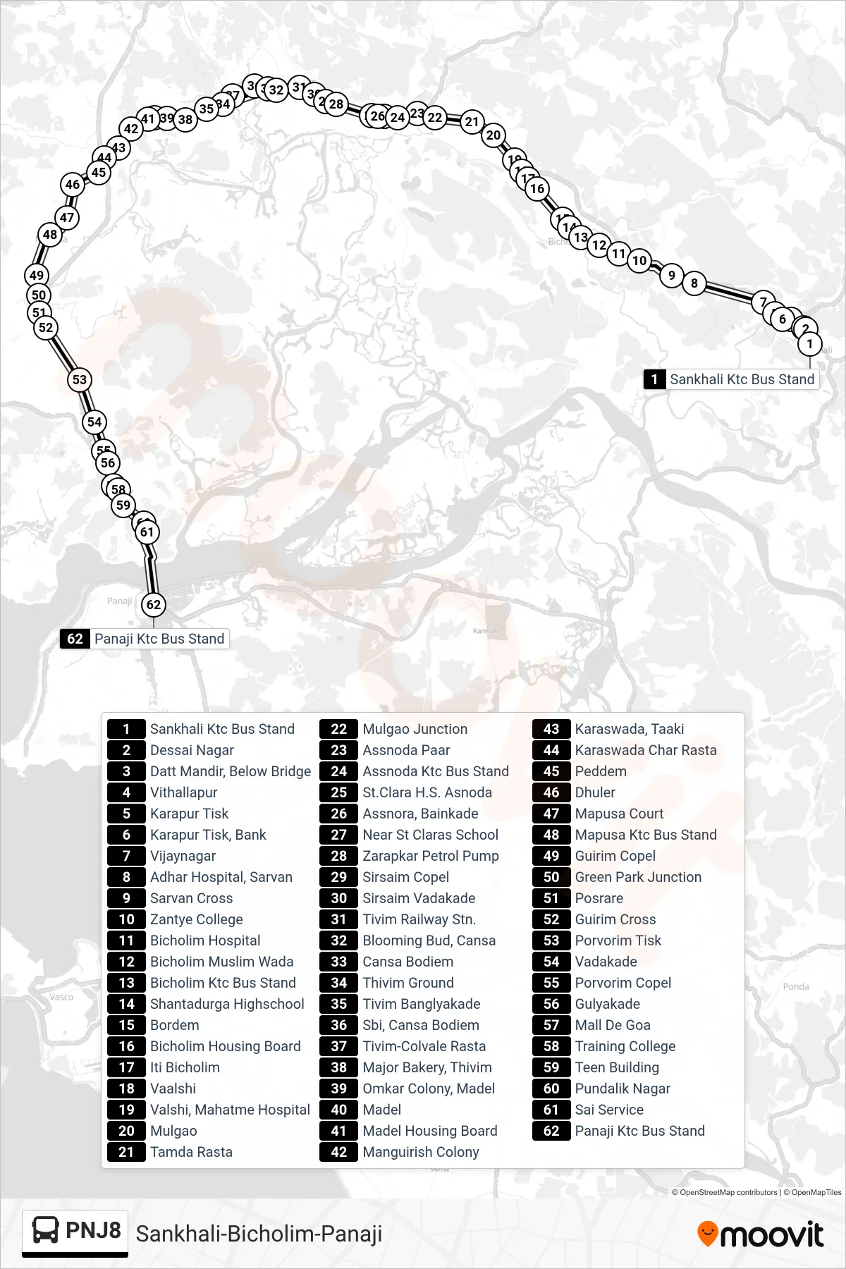 PNJ8 bus Line (Sankhali-Bicholim-Panaji) route and stops on a map