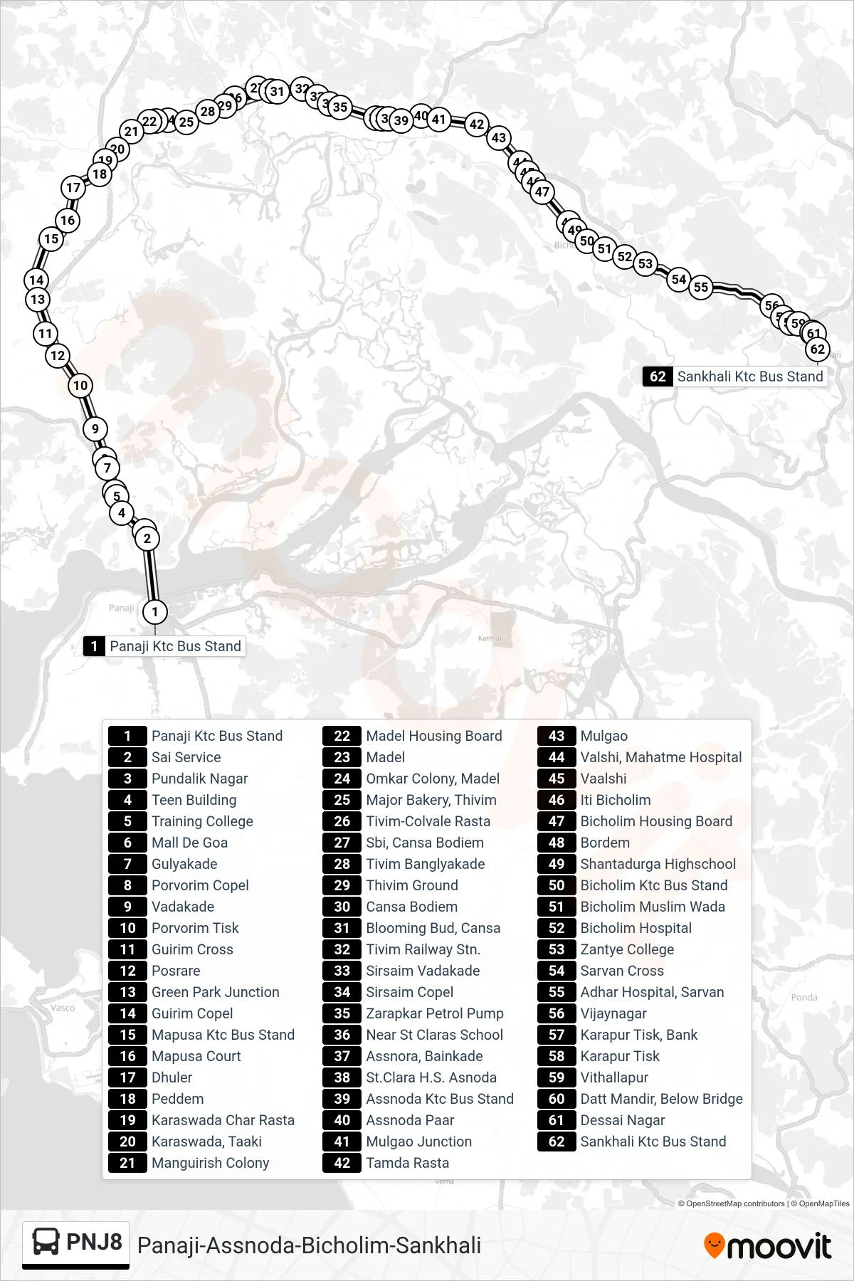 PNJ8 bus Line (Panaji-Assnoda-Bicholim-Sankhali) route and stops on a map