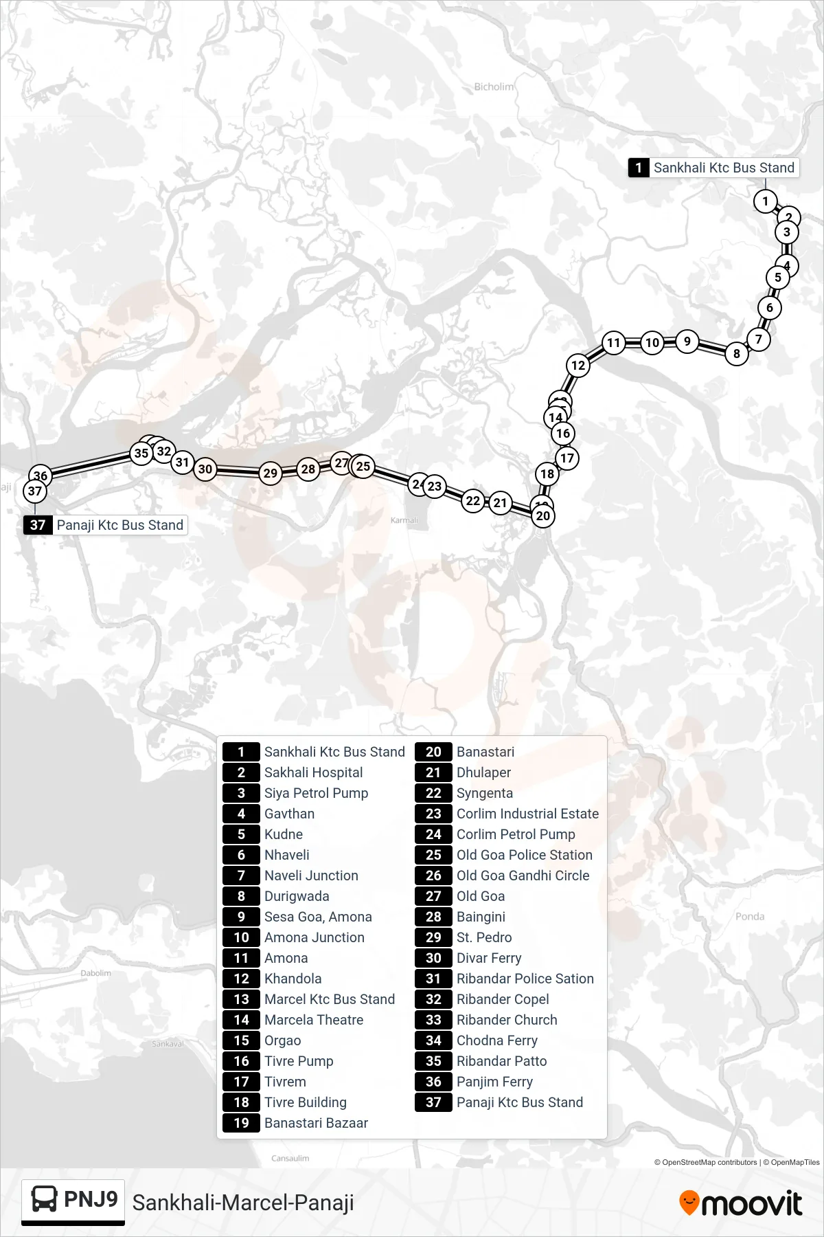 PNJ9 bus Line (Sankhali-Marcel-Panaji) route and stops on a map