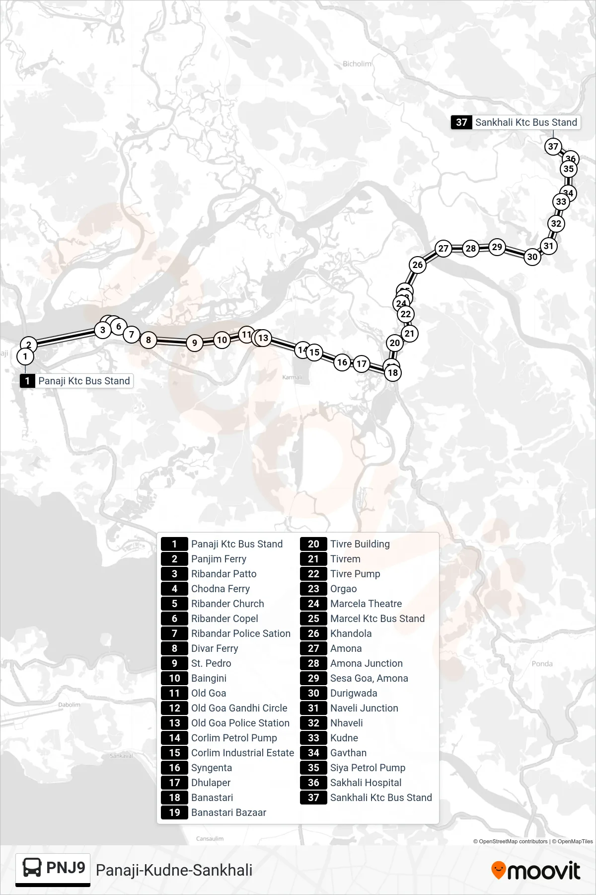 PNJ9 bus Line (Panaji-Kudne-Sankhali) route and stops on a map