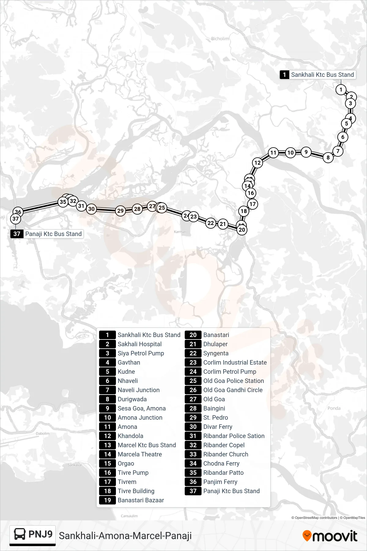 PNJ9 bus Line (Sankhali-Amona-Marcel-Panaji) route and stops on a map
