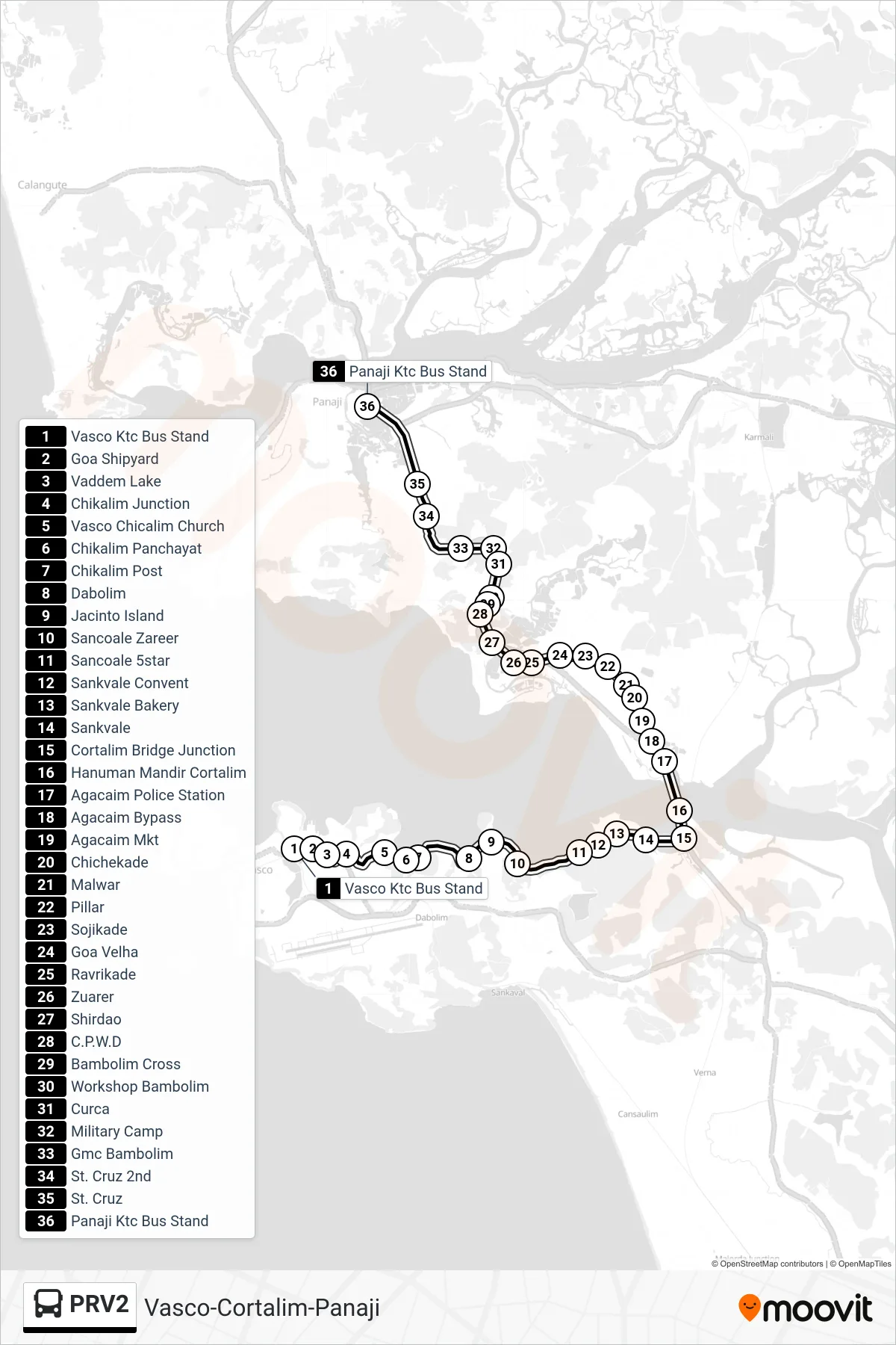 PRV2 bus Line (Vasco-Cortalim-Panaji) route and stops on a map