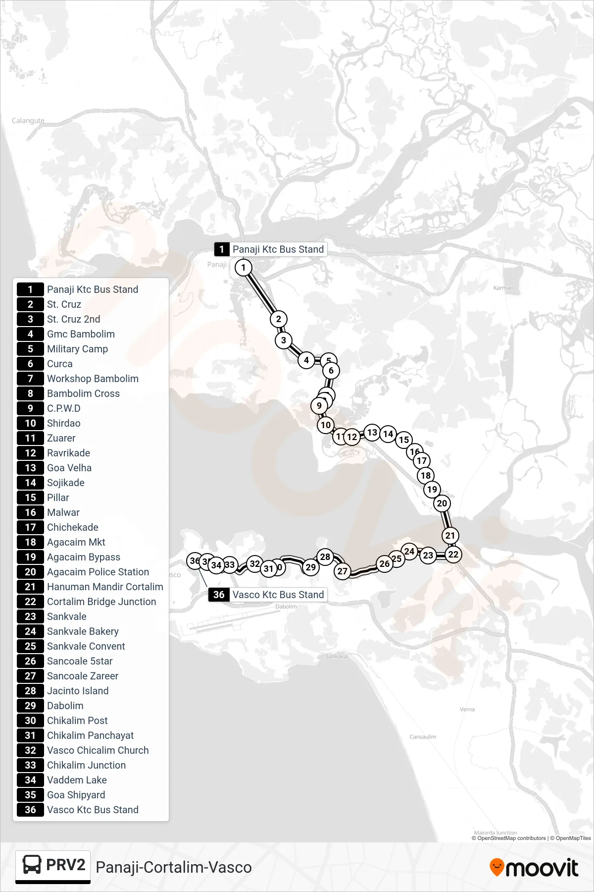 PRV2 bus Line (Panaji-Cortalim-Vasco) route and stops on a map