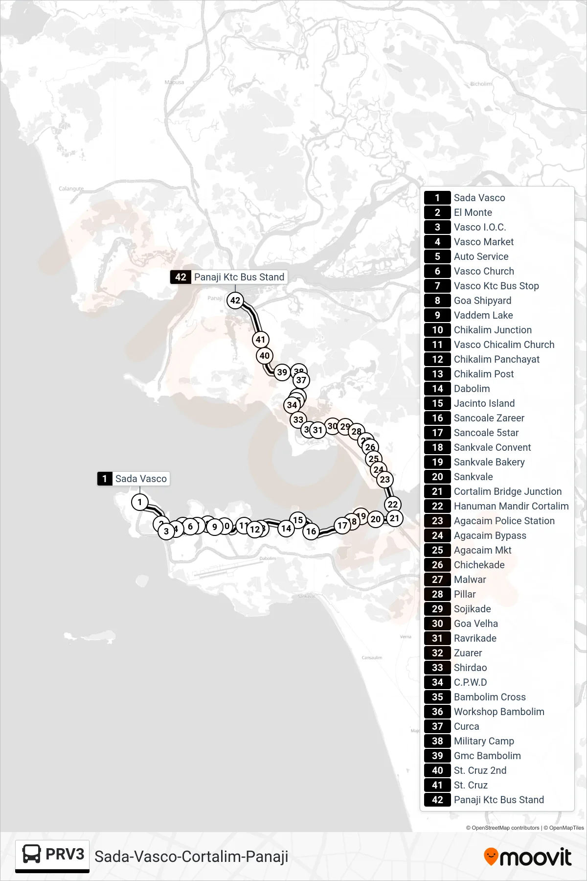 PRV3 bus Line (Sada-Vasco-Cortalim-Panaji) route and stops on a map